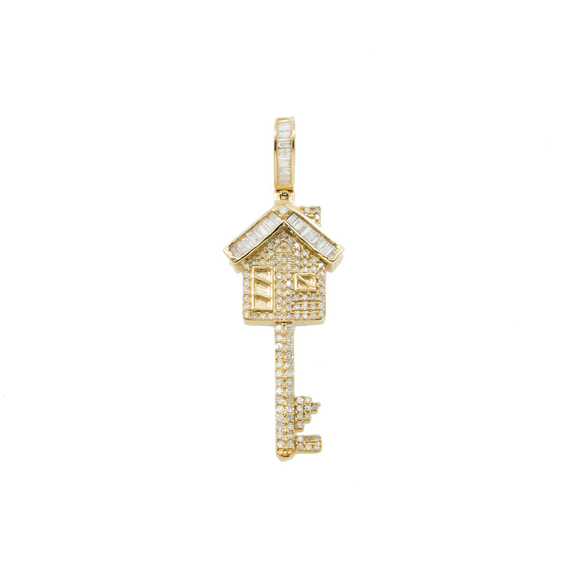 14K GOLD BAGUETTE DIAMOND HOUSE KEY PENDANT 0.69 CT