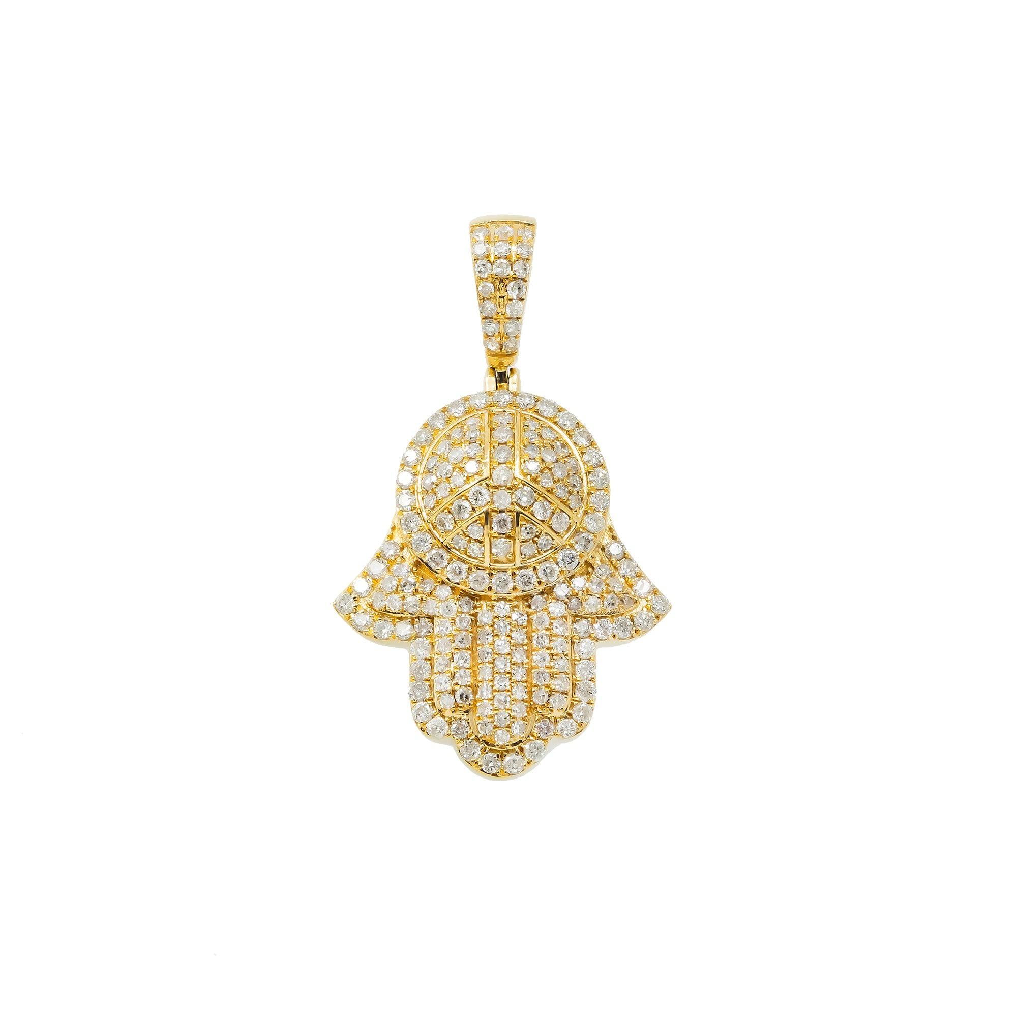 14K GOLD DIAMOND HAMSA WITH PEACE SIGN PENDANT 1.01 CT