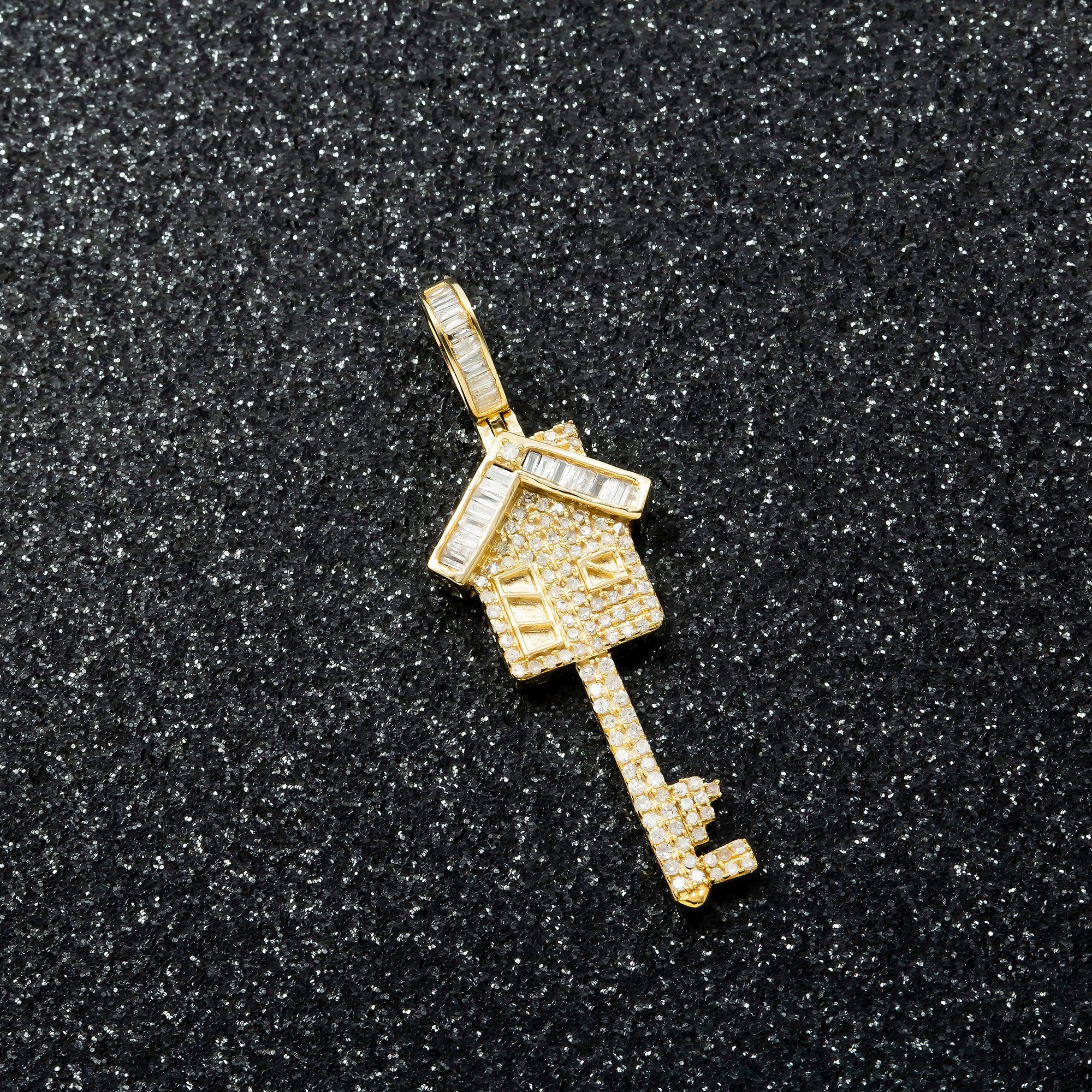 14K GOLD BAGUETTE DIAMOND HOUSE KEY PENDANT 0.69 CT