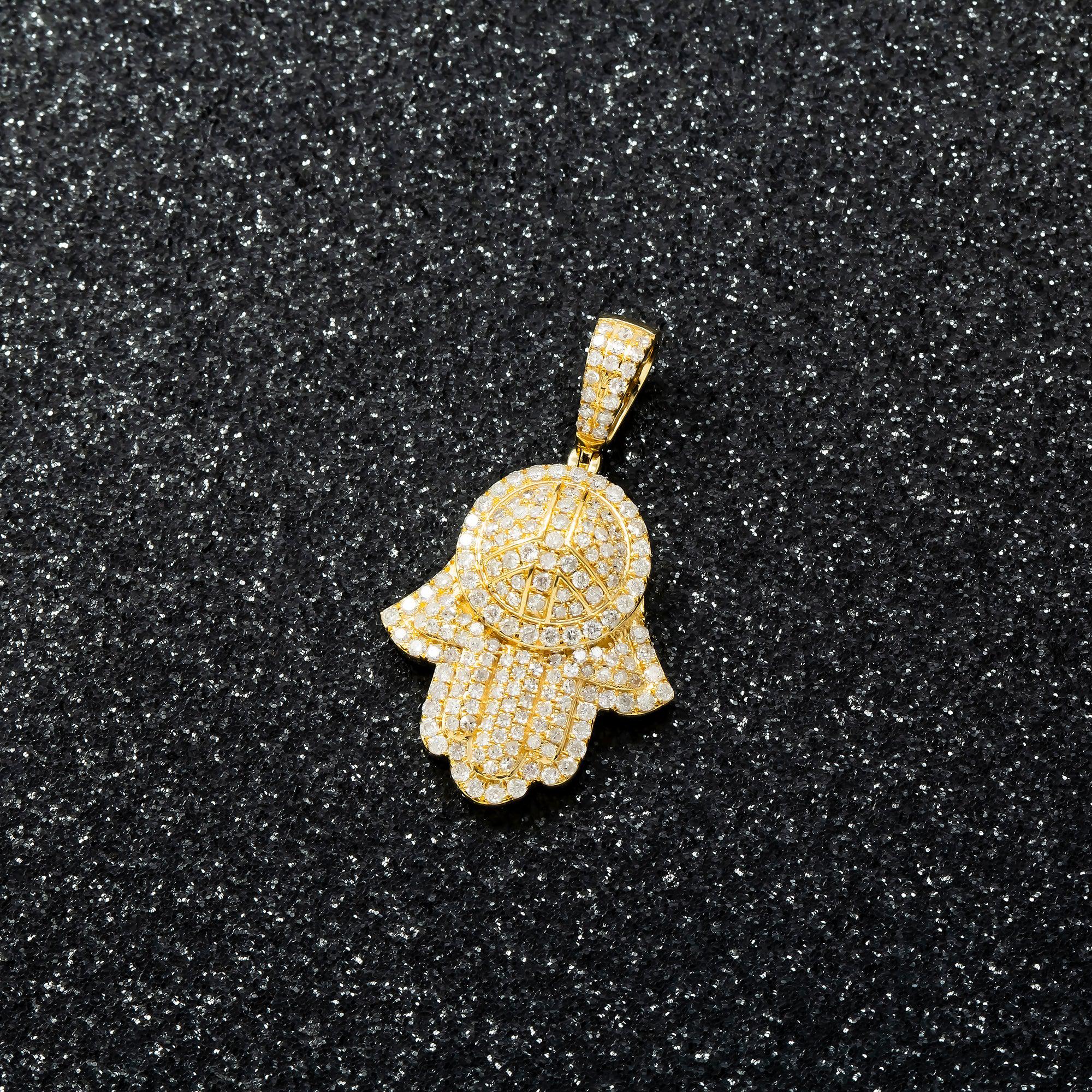 14K GOLD DIAMOND HAMSA WITH PEACE SIGN PENDANT 1.01 CT