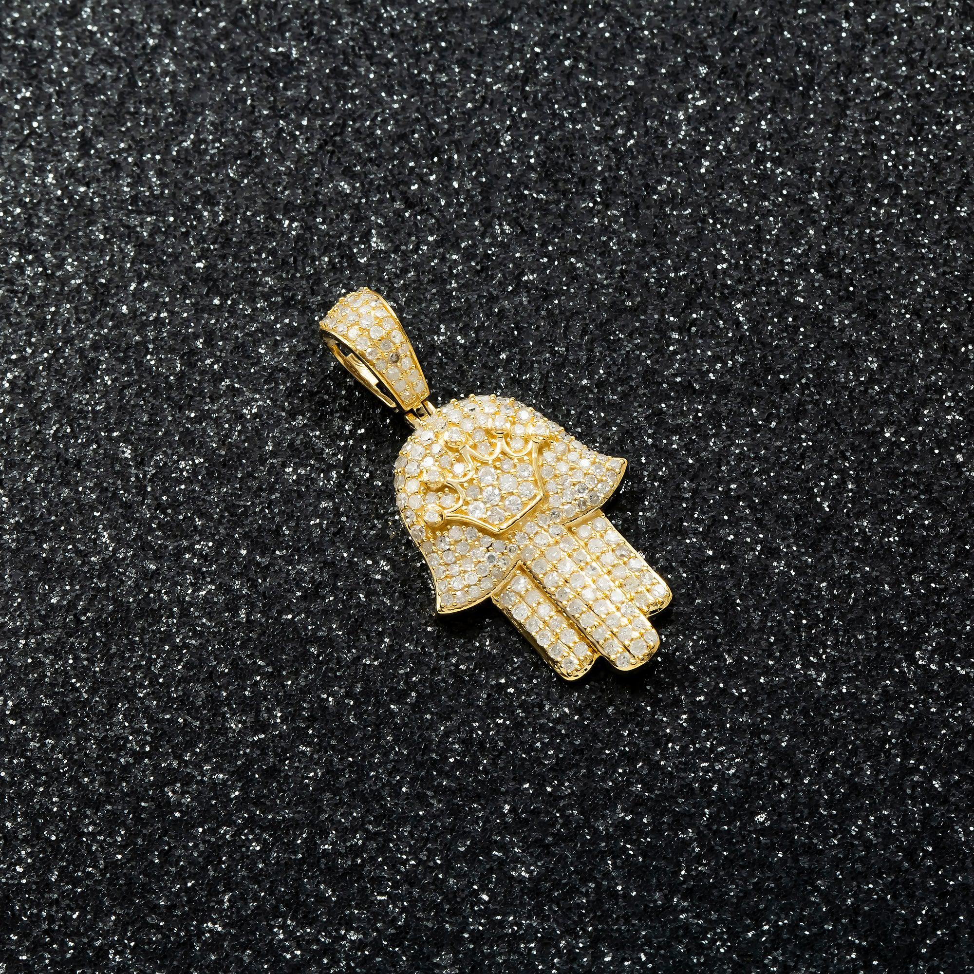 14K GOLD DIAMOND HAMSA WITH CROWN PENDANT 1.11 CT