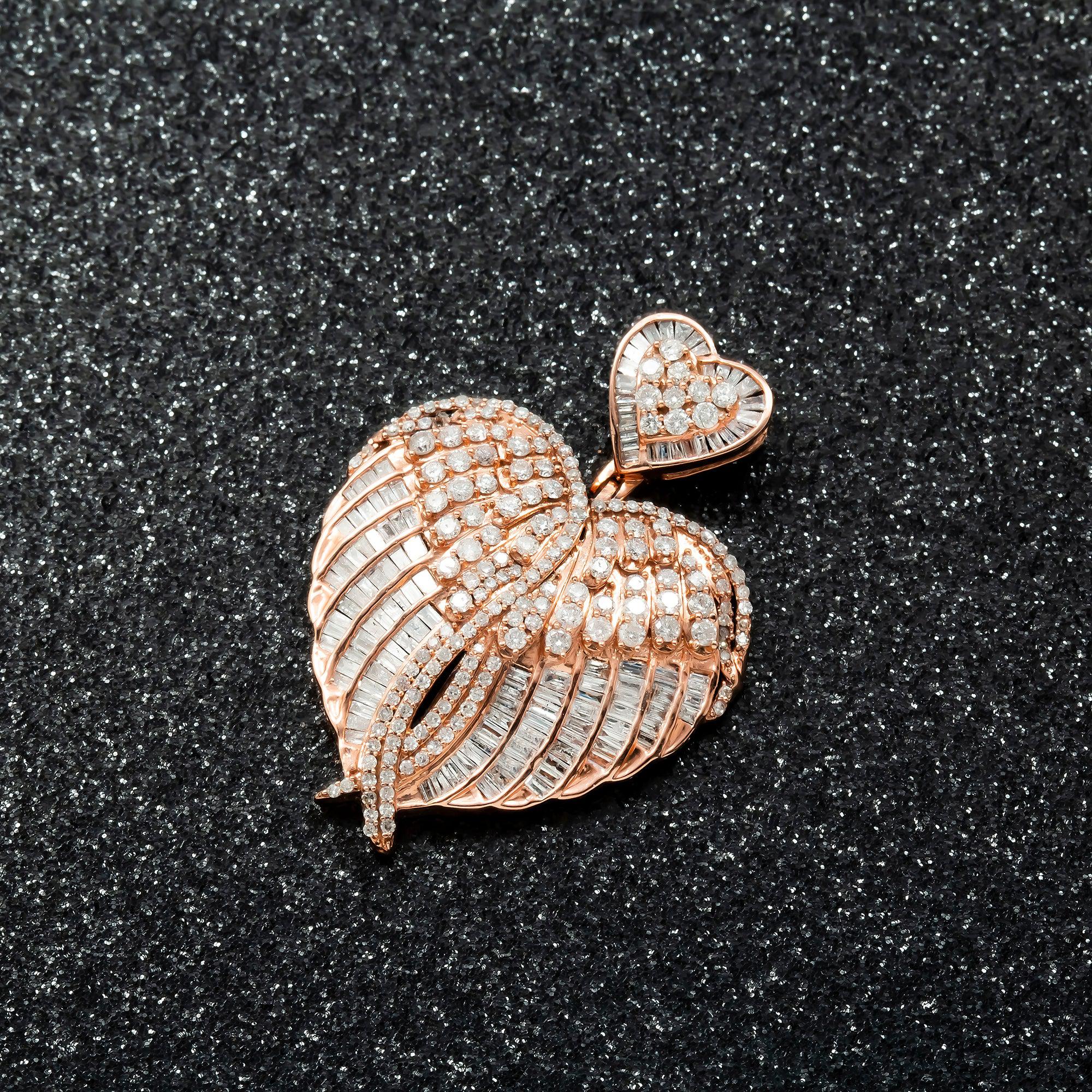 14K GOLD BAGUETTE DIAMOND DOUBLE HEART PENDANT 2.84 CT