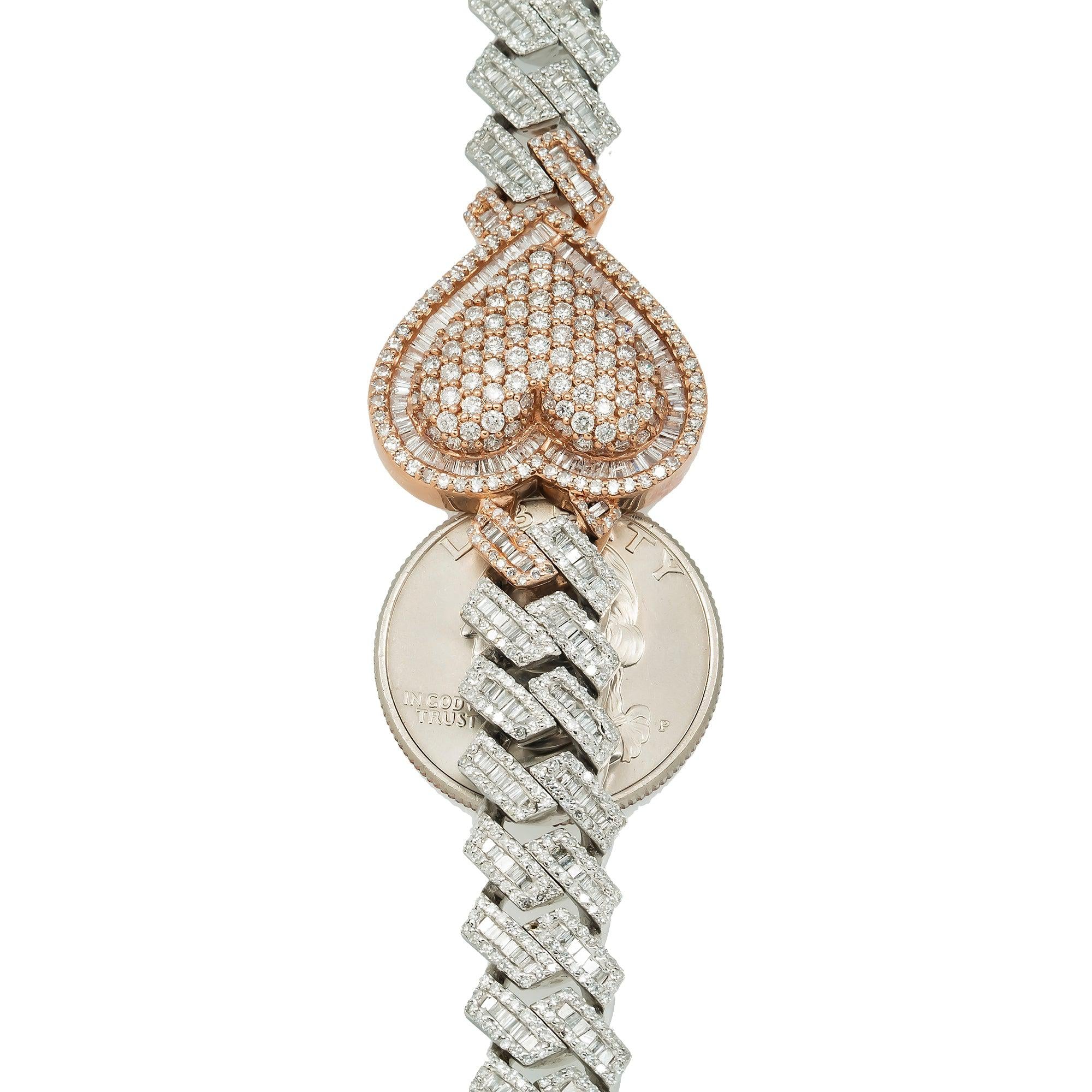 10K GOLD BAGUETTE DIAMOND 10MM PRONG CUBAN LINK HEART CHAIN 17.65 CT