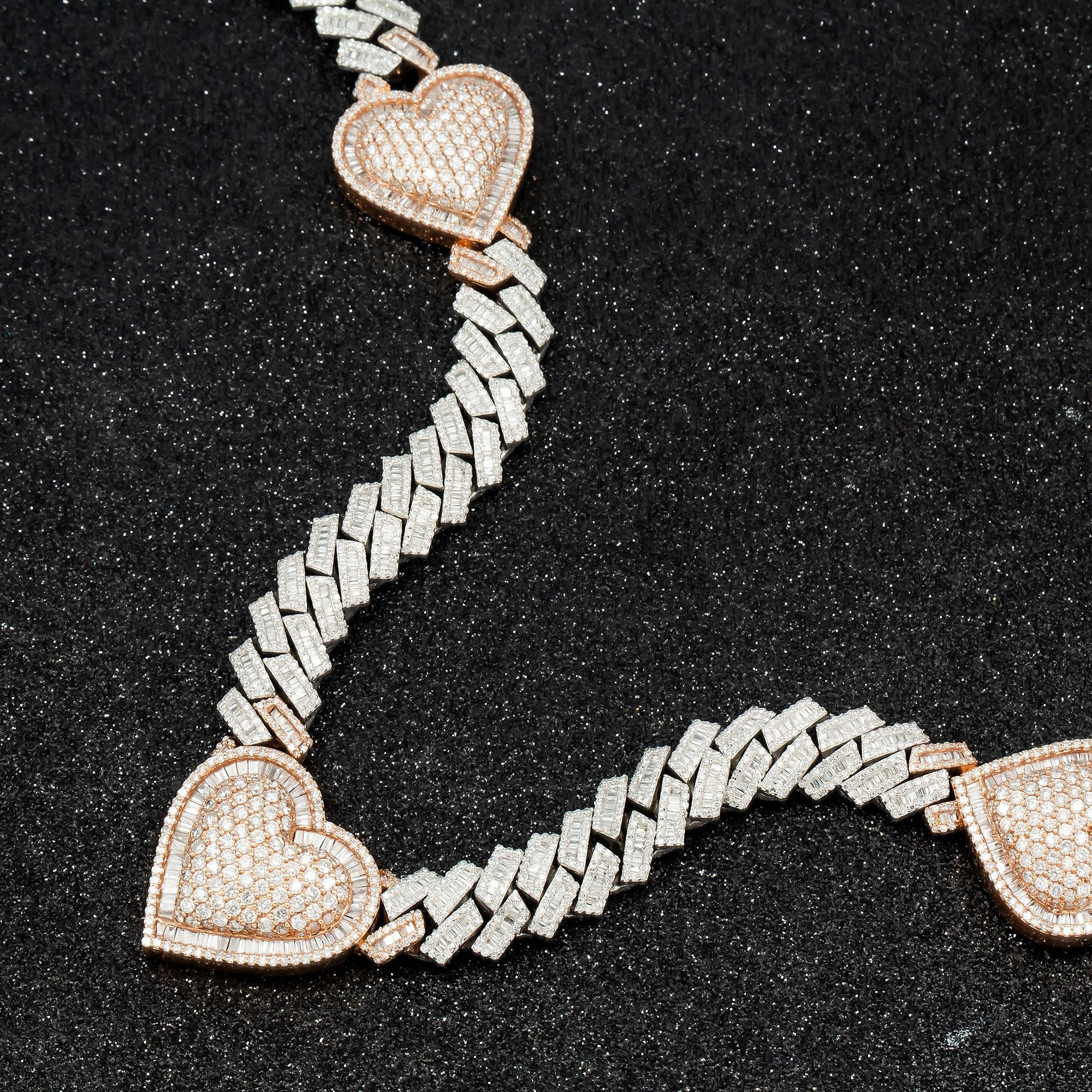 10K GOLD BAGUETTE DIAMOND 10MM PRONG CUBAN LINK HEART CHAIN 17.65 CT