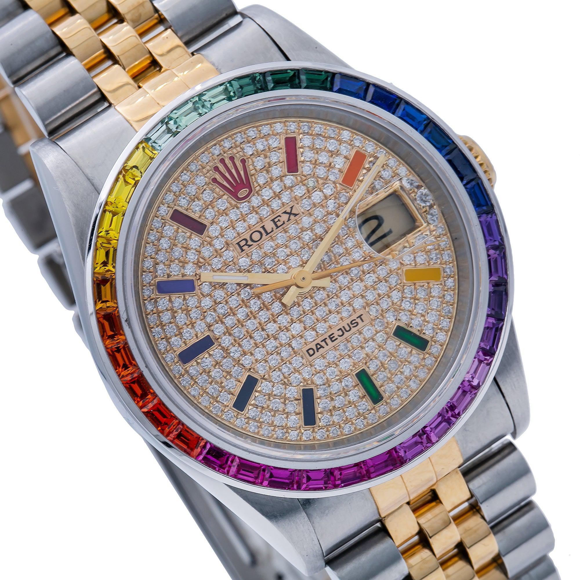 Rolex Datejust 36MM 16013 Diamond Paved Rainbow Hour Dial Rainbow Gemstone Bezel Two Tone Yellow Gold Jubilee Bracelet