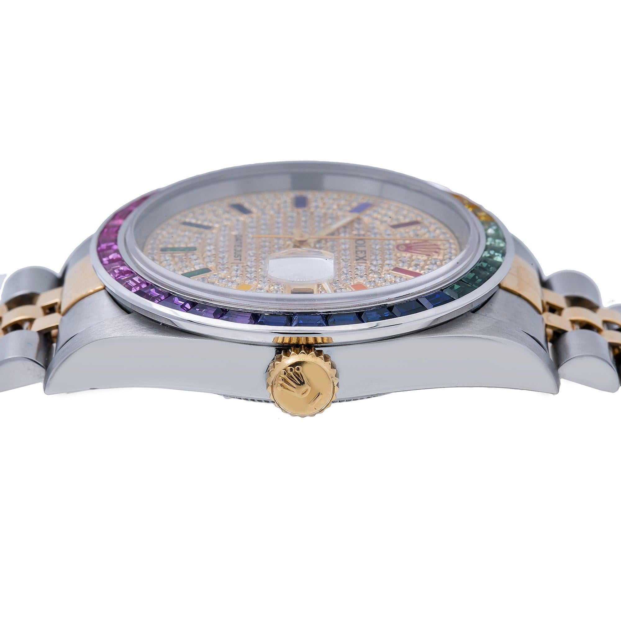 Rolex Datejust 36MM 16013 Diamond Paved Rainbow Hour Dial Rainbow Gemstone Bezel Two Tone Yellow Gold Jubilee Bracelet