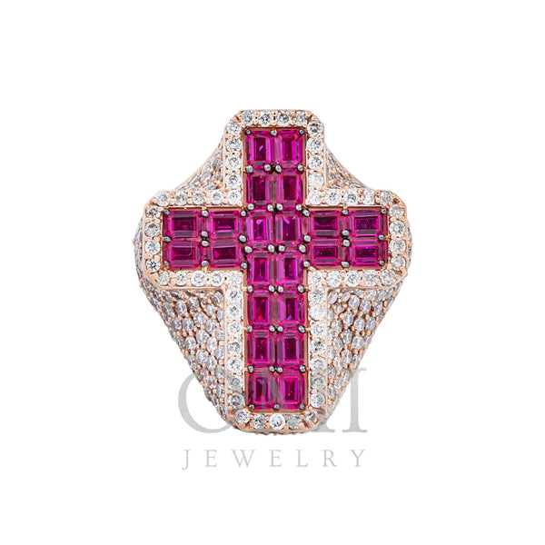 14K GOLD BAGUETTE DIAMOND AND RUBY GEMSTONE CROSS STATEMENT RING 9.27 CTW