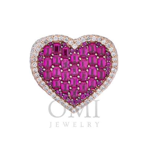 14K GOLD BAGUETTE DIAMOND AND RUBY GEMSTONE HEART STATEMENT RING 10.35 CTW