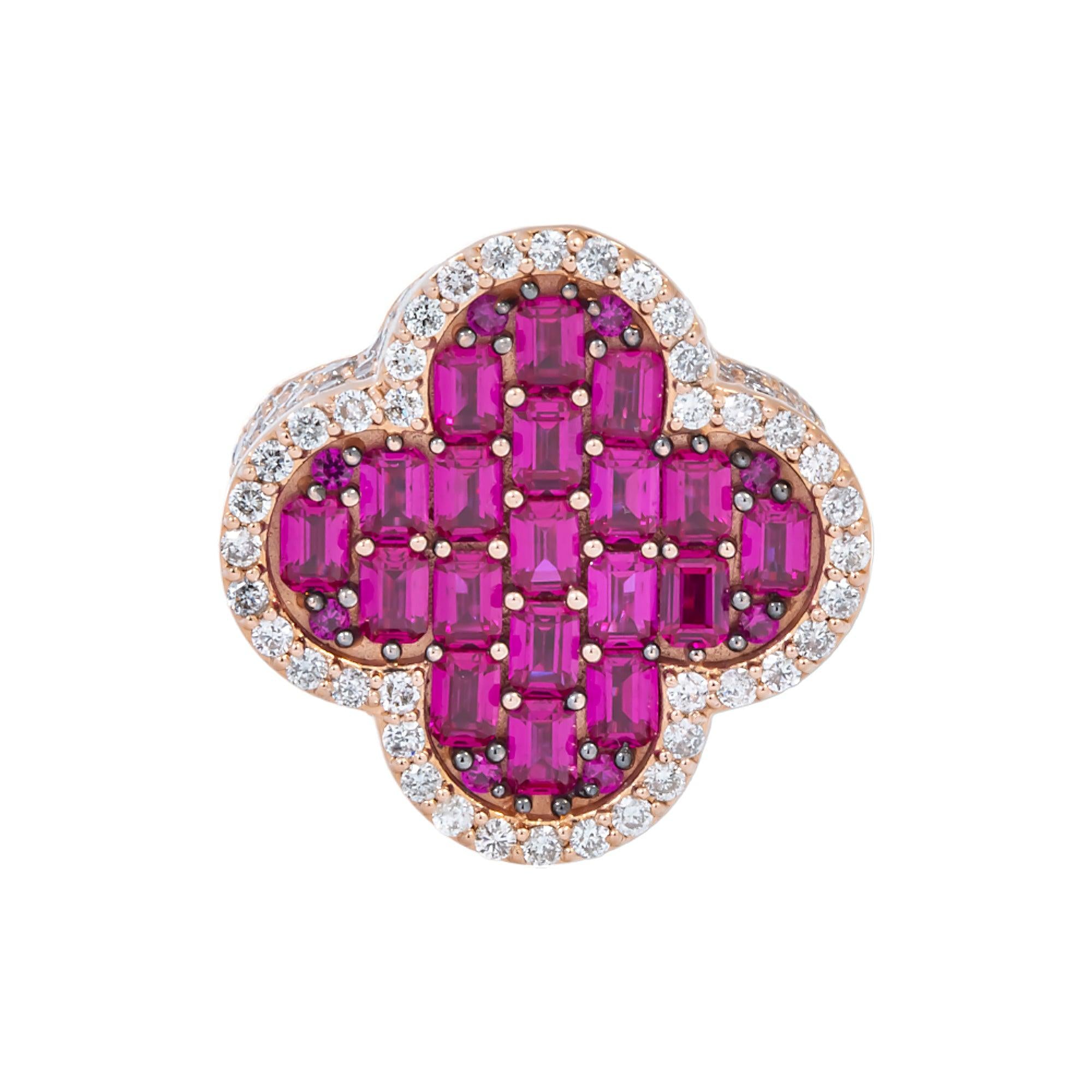 14K GOLD BAGUETTE DIAMOND AND RUBY GEMSTONE CLOVER STATEMENT RING 6.99 CTW