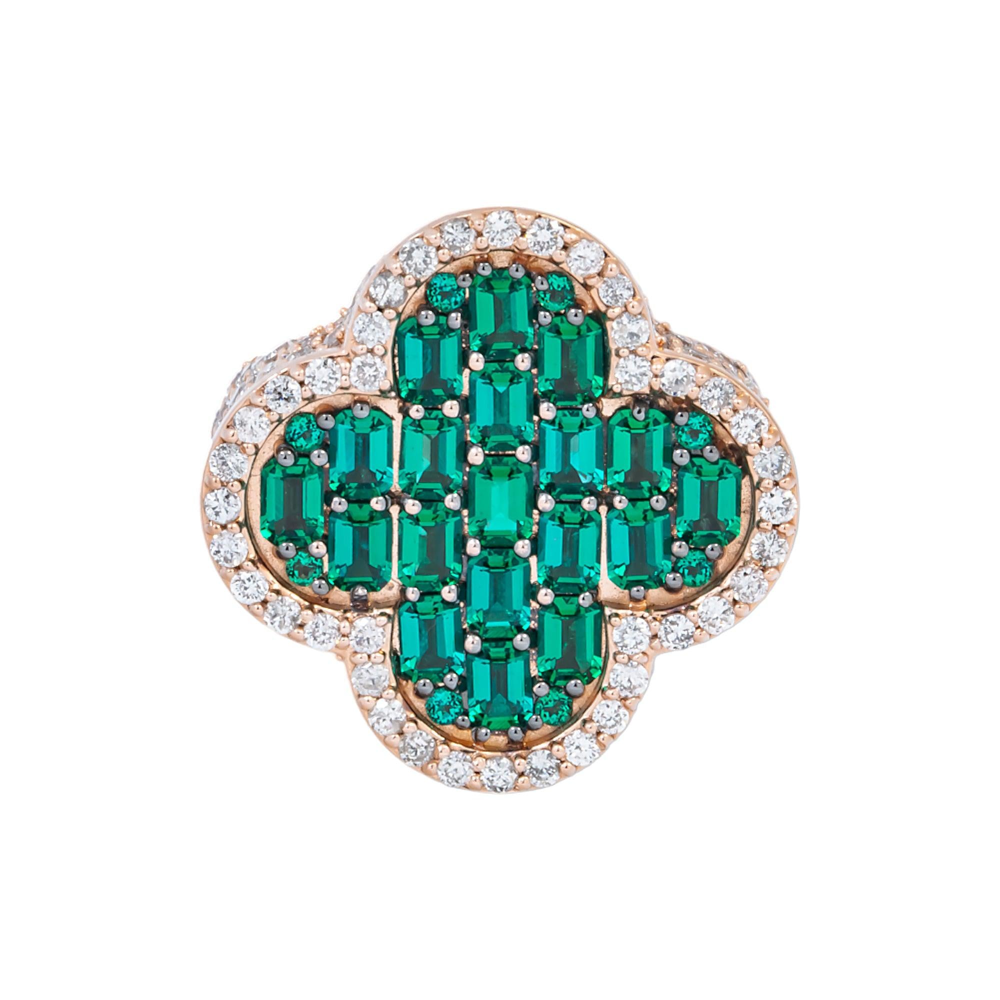 14K GOLD BAGUETTE DIAMOND AND EMERALD GEMSTONE CLOVER STATEMENT RING 5.65 CTW