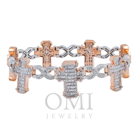 10K GOLD TWO TONE ROUND AND BAGUETTE DIAMONDS CROSS INFINITY CHAIN BRACELET 5.60 CT