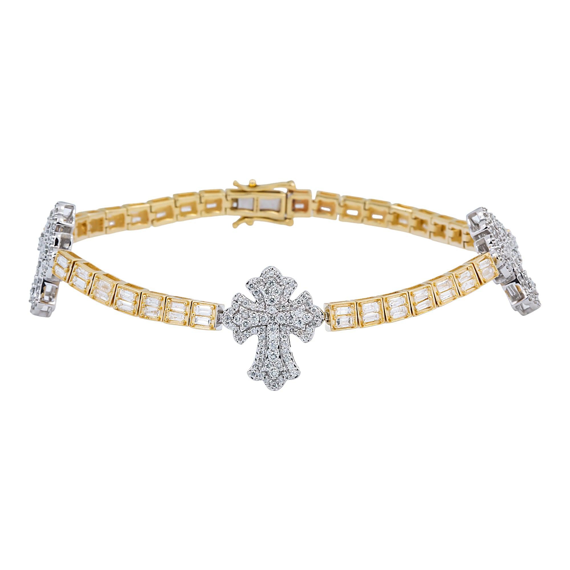10K GOLD TWO TONE ROUND AND BAGUETTE DIAMONDS CROSS BRACELET 3.75 CT
