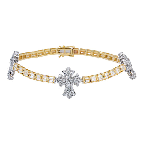 10K GOLD TWO TONE ROUND AND BAGUETTE DIAMONDS CROSS BRACELET 3.75 CT