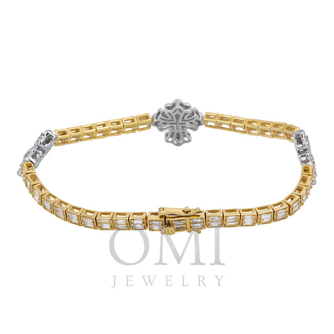 10K GOLD TWO TONE ROUND AND BAGUETTE DIAMONDS CROSS BRACELET 3.75 CT