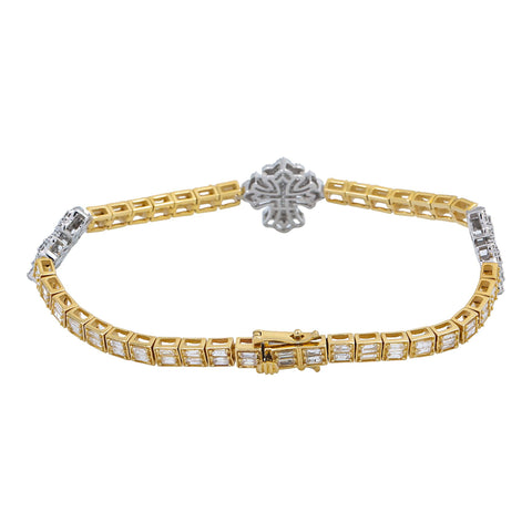 10K GOLD TWO TONE ROUND AND BAGUETTE DIAMONDS CROSS BRACELET 3.75 CT