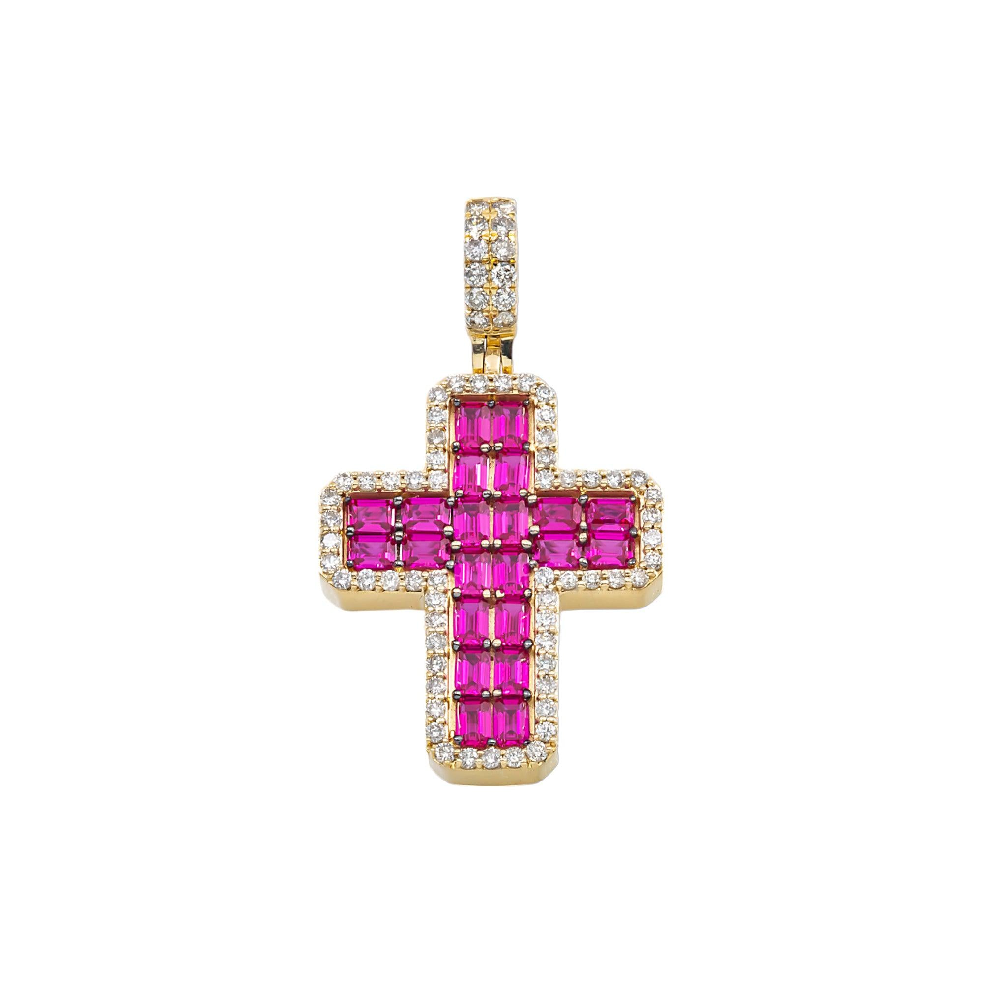 14K GOLD ROUND AND BAGUETTE DIAMOND AND RUBY GEMSTONE CROSS PENDANT 5.00 CTW
