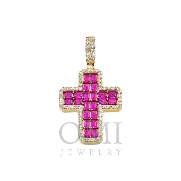 14K GOLD ROUND AND BAGUETTE DIAMOND AND RUBY GEMSTONE CROSS PENDANT 5.00 CTW