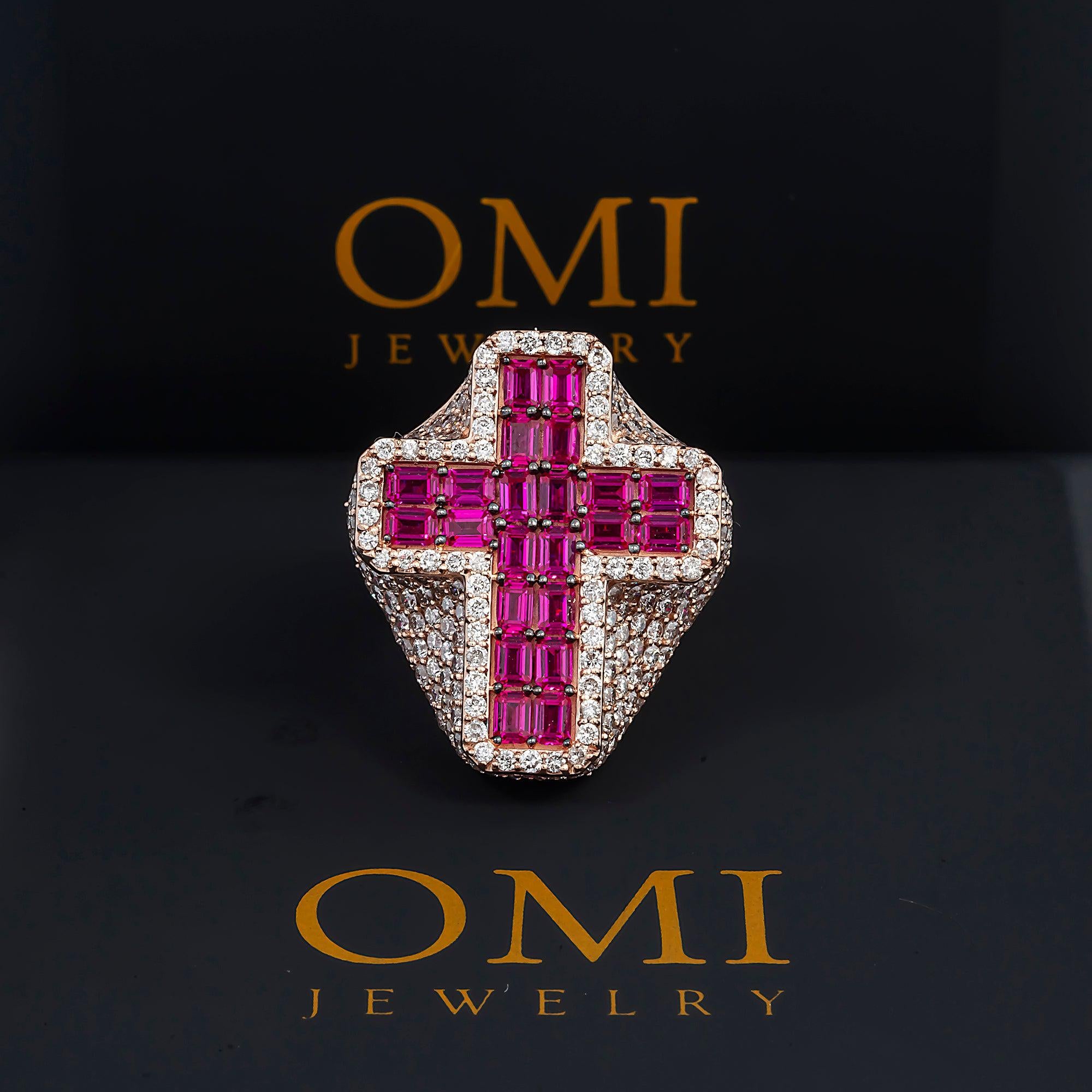 14K GOLD BAGUETTE DIAMOND AND RUBY GEMSTONE CROSS STATEMENT RING 9.27 CTW