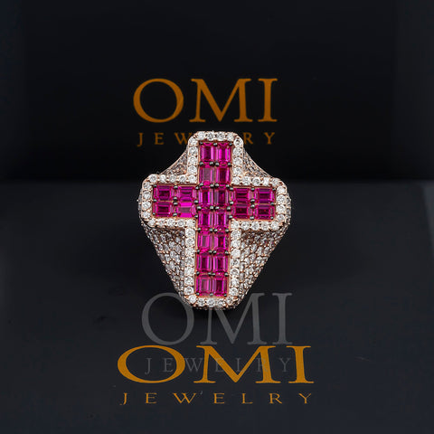 14K GOLD BAGUETTE DIAMOND AND RUBY GEMSTONE CROSS STATEMENT RING 9.27 CTW