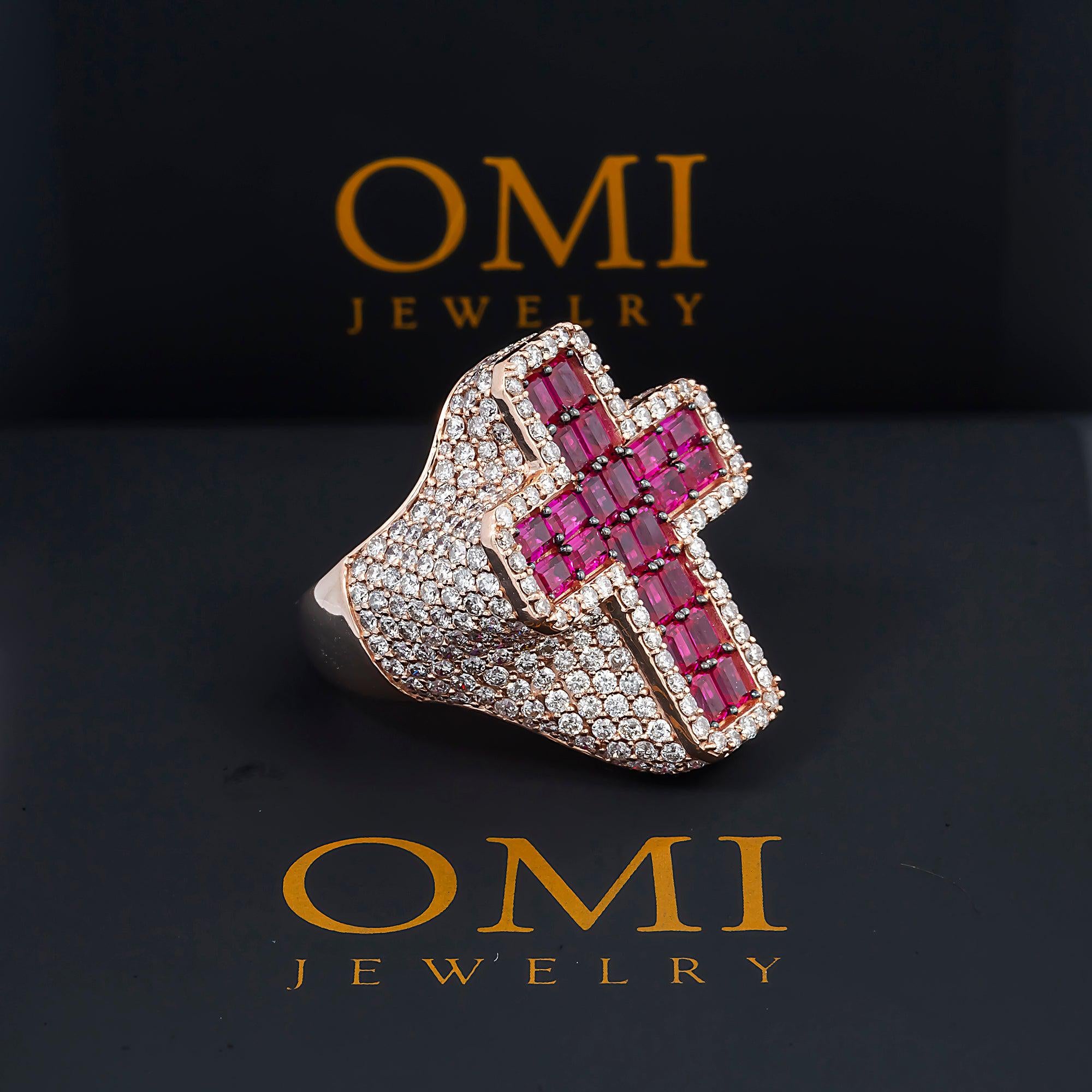 14K GOLD BAGUETTE DIAMOND AND RUBY GEMSTONE CROSS STATEMENT RING 9.27 CTW