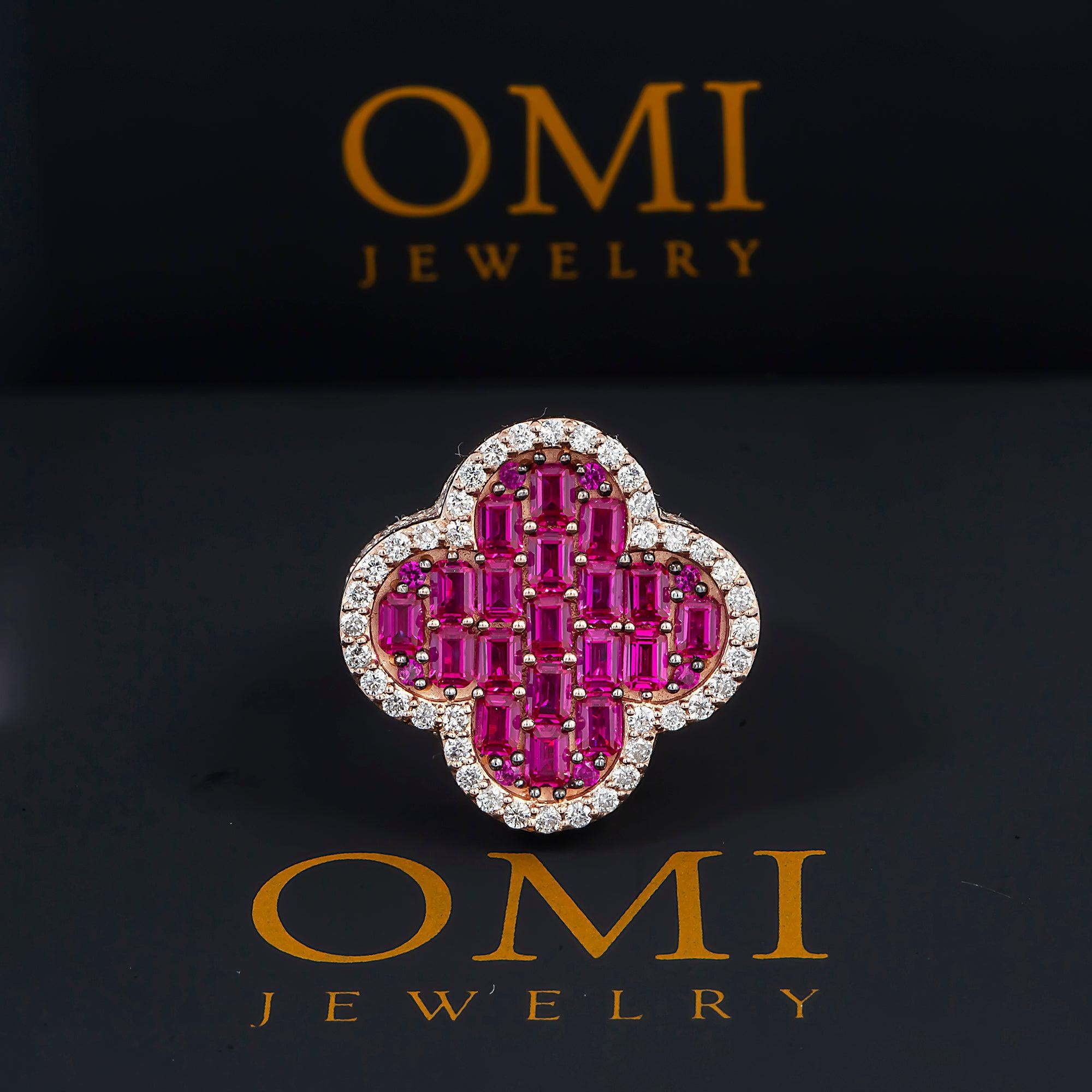 14K GOLD BAGUETTE DIAMOND AND RUBY GEMSTONE CLOVER STATEMENT RING 6.99 CTW