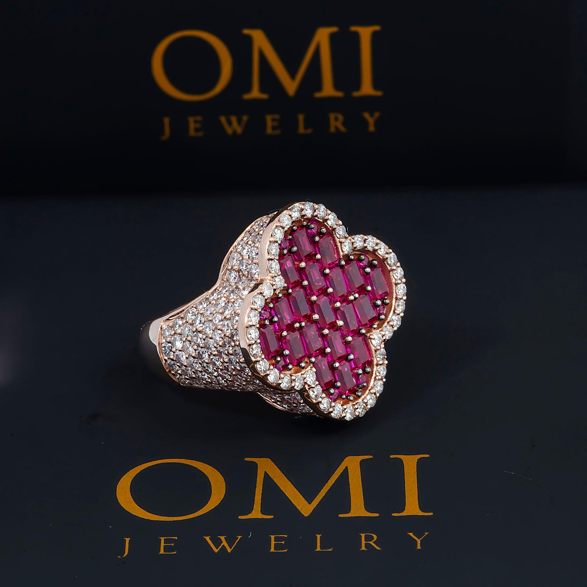 14K GOLD BAGUETTE DIAMOND AND RUBY GEMSTONE CLOVER STATEMENT RING 6.99 CTW