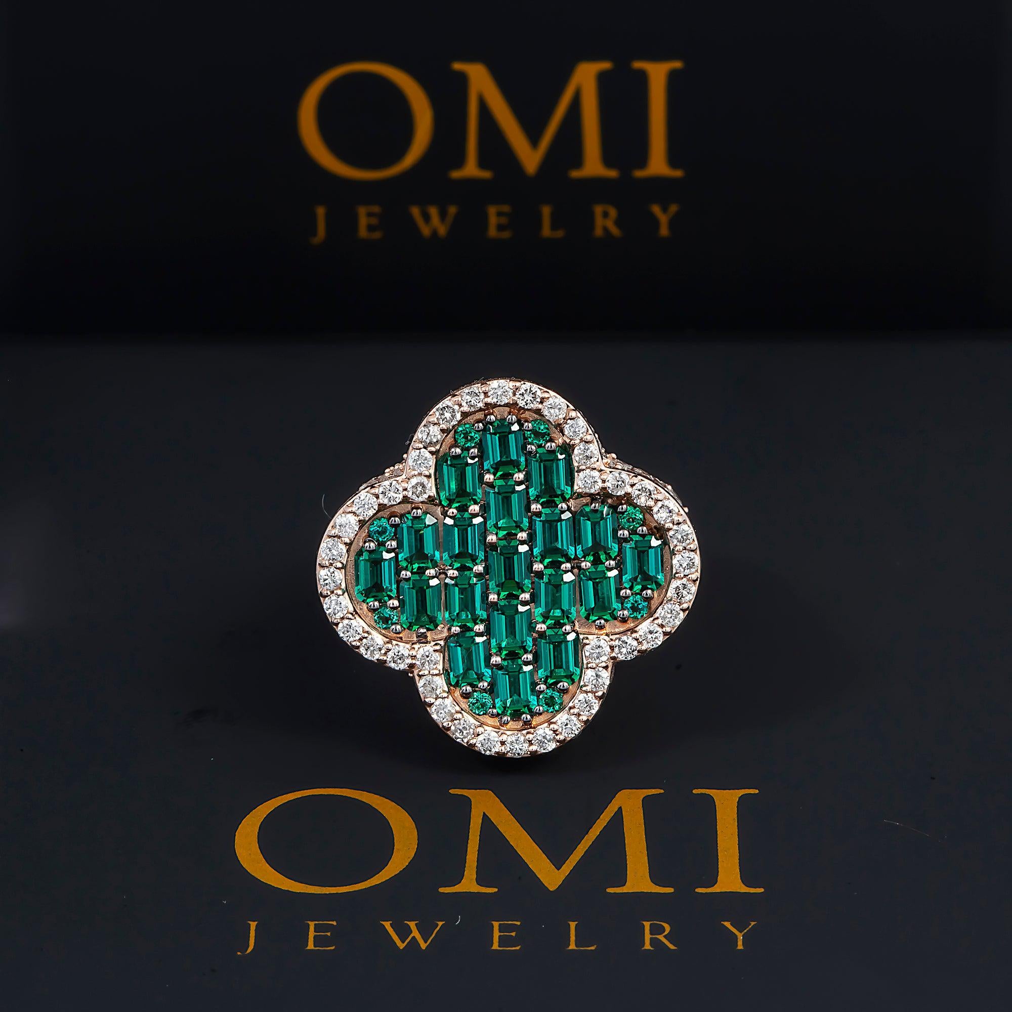 14K GOLD BAGUETTE DIAMOND AND EMERALD GEMSTONE CLOVER STATEMENT RING 5.65 CTW