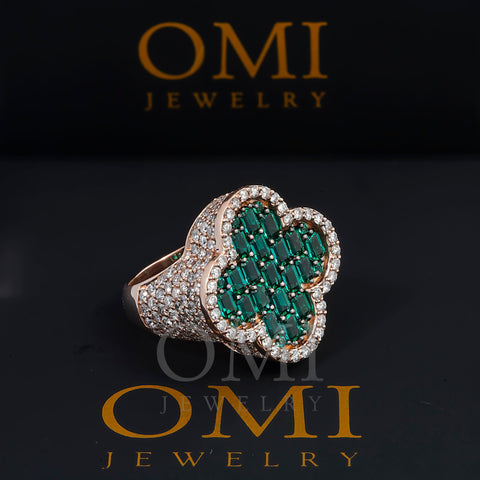 14K GOLD BAGUETTE DIAMOND AND EMERALD GEMSTONE CLOVER STATEMENT RING 5.65 CTW