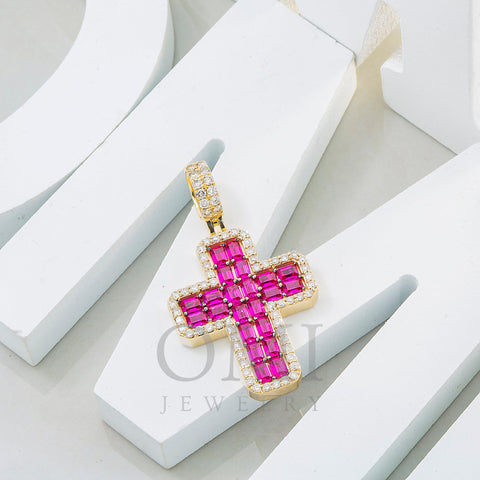 14K GOLD ROUND AND BAGUETTE DIAMOND AND RUBY GEMSTONE CROSS PENDANT 5.00 CTW