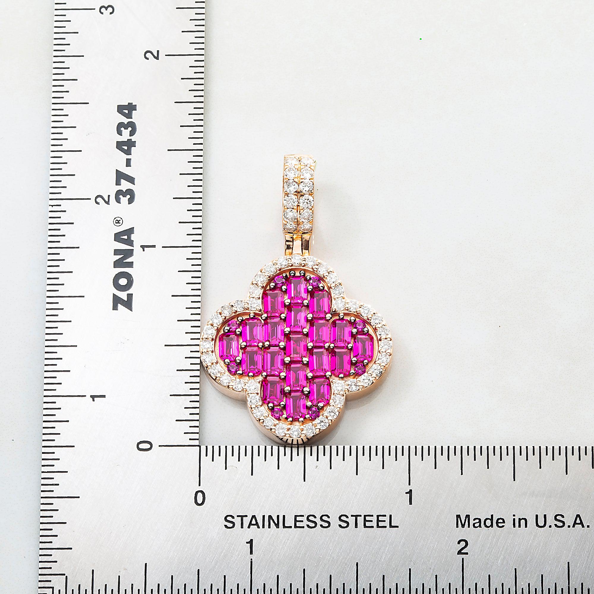 14K GOLD ROUND AND BAGUETTE DIAMOND AND RUBY GEMSTONE CLOVER PENDANT 4.40 CTW