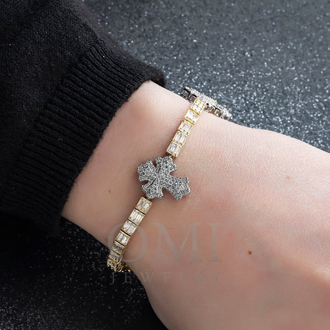 10K GOLD TWO TONE ROUND AND BAGUETTE DIAMONDS CROSS BRACELET 3.75 CT