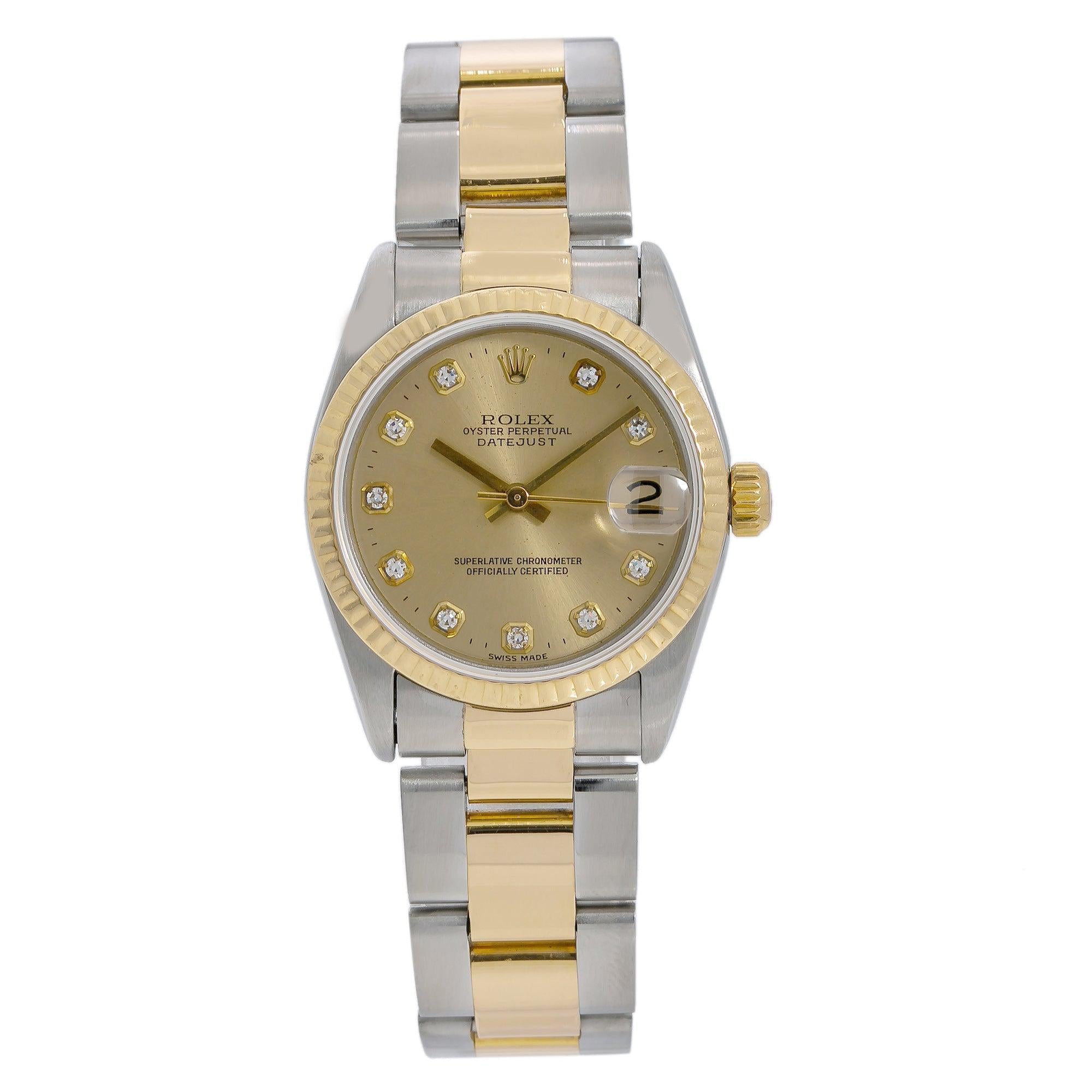 Rolex Datejust 31MM 6824 Champagne Diamond Dial Yellow Gold Fluted Bezel Two Tone Oyster Bracelet