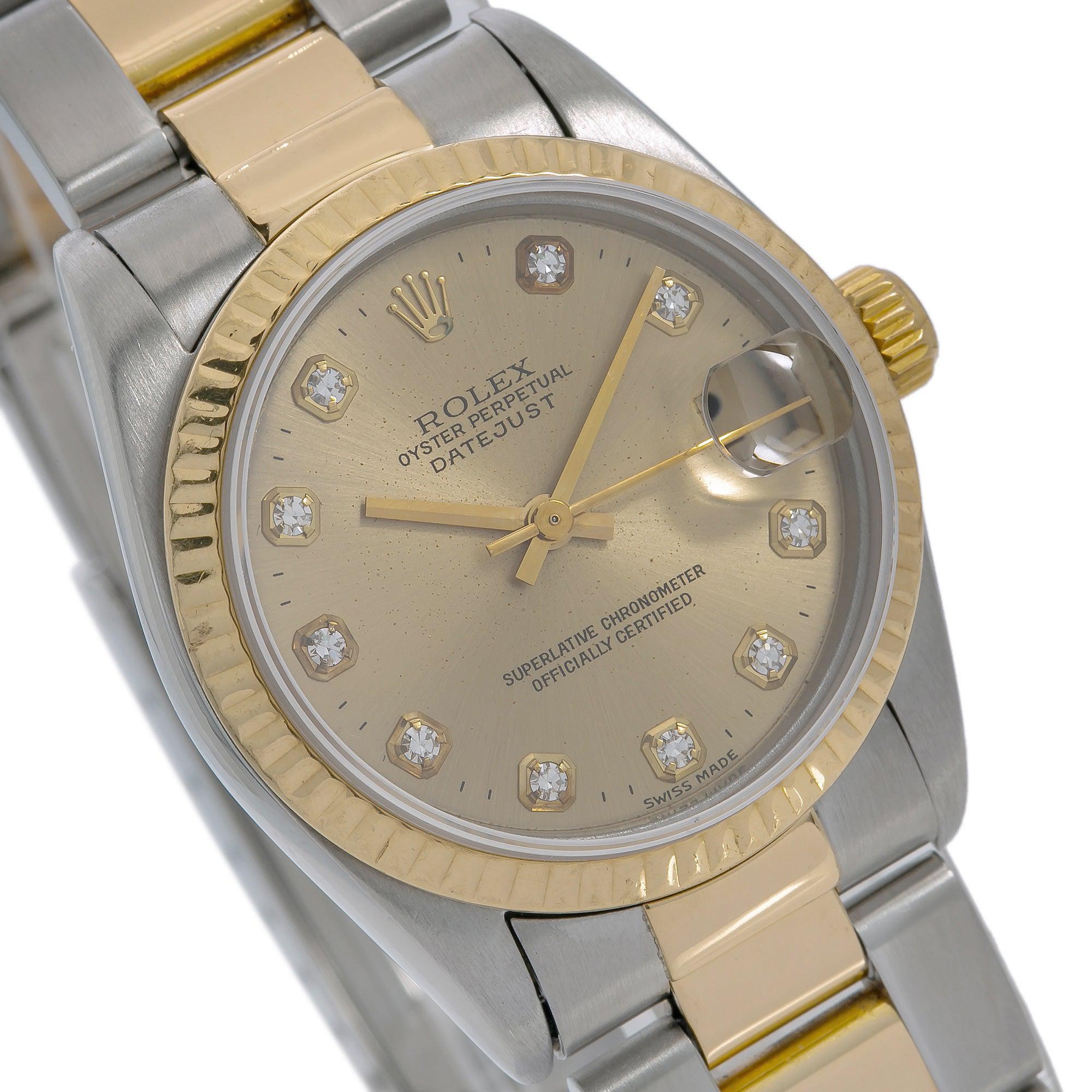 Rolex Datejust 31MM 6824 Champagne Diamond Dial Fluted Bezel Two Tone Yellow Gold Oyster Bracelet