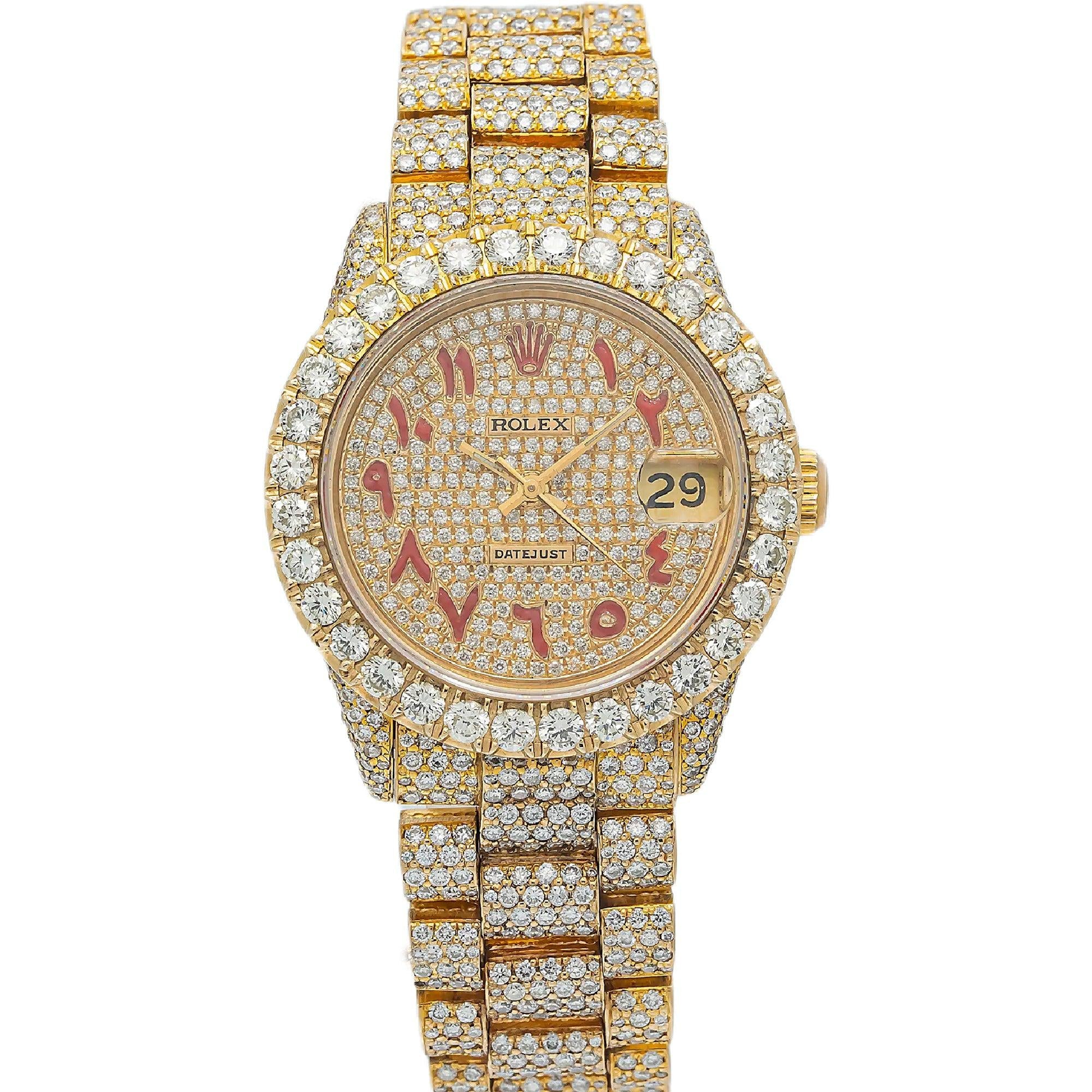 Rolex Datejust 31MM 6827 Diamond Paved Red Eastern Arabic Dial Diamond Bezel 18K Yellow Gold Full Diamond President Bracelet