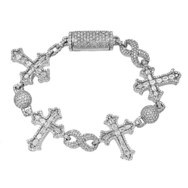 10K GOLD ROUND AND BAGUETTE DIAMONDS CROSS INFINITY CHAIN BRACELET