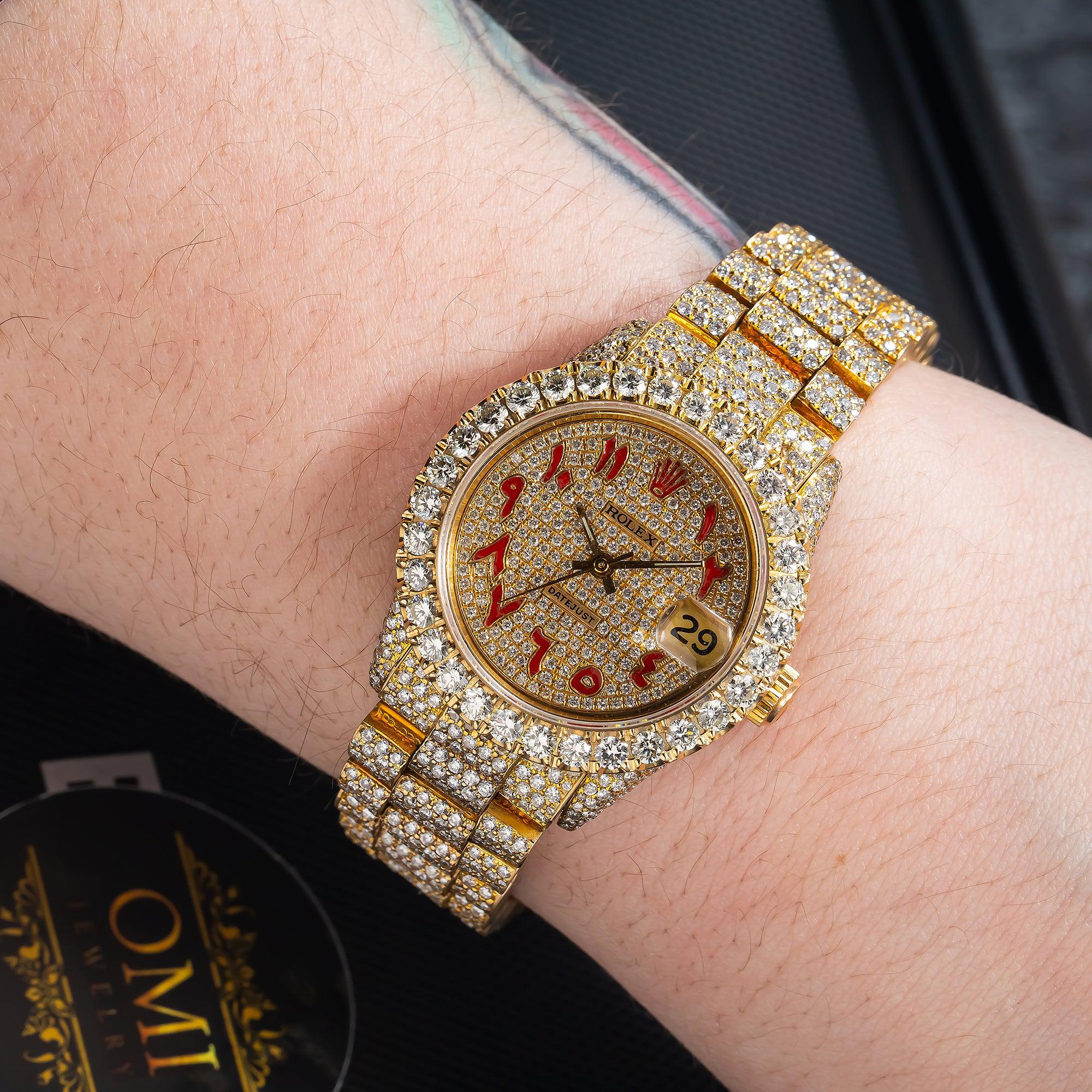 Rolex Datejust 31MM 6827 Diamond Paved Red Eastern Arabic Dial Diamond Bezel 18K Yellow Gold Full Diamond President Bracelet