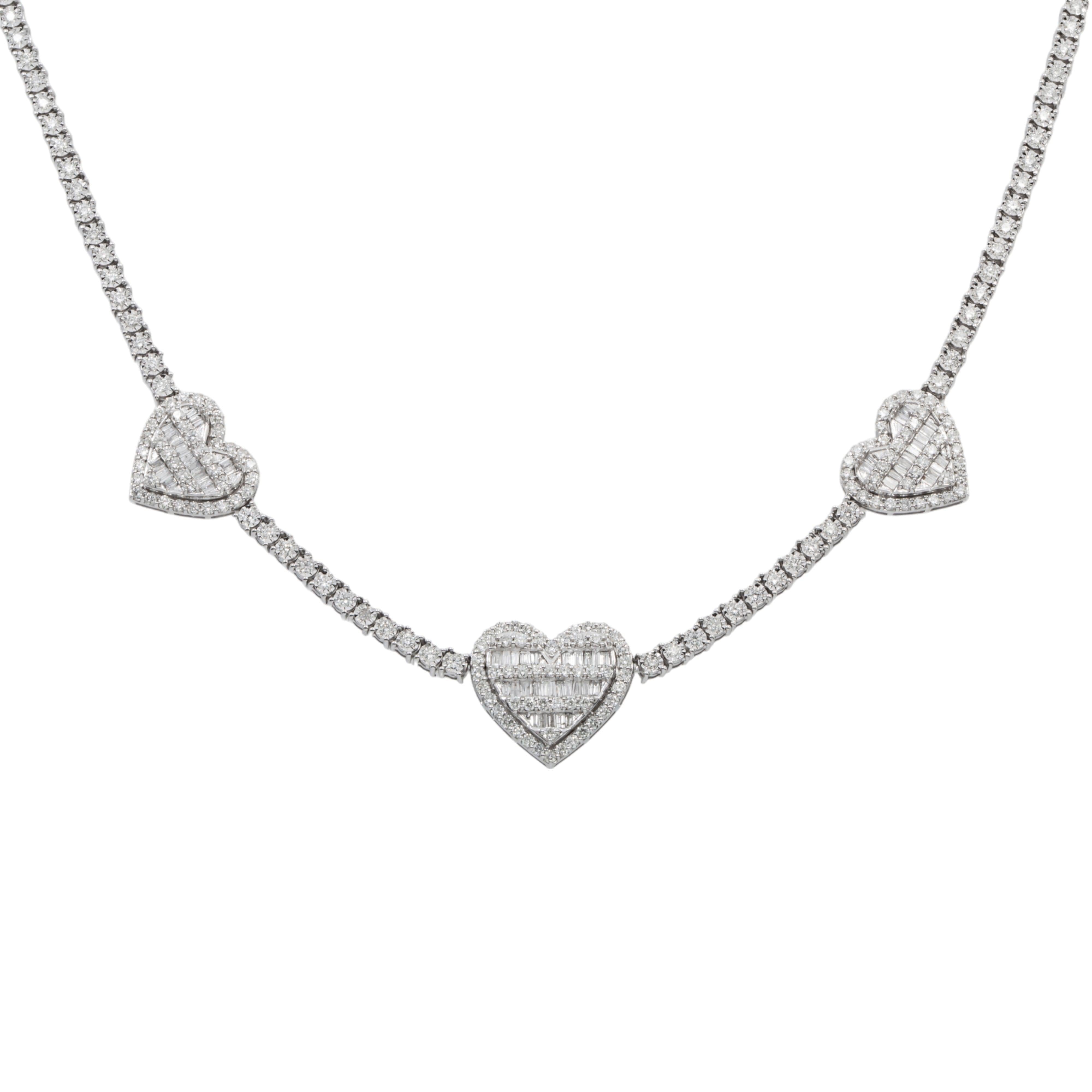 10K GOLD BAGUETTE AND ROUND DIAMOND HEART CHAIN 4.65 CT