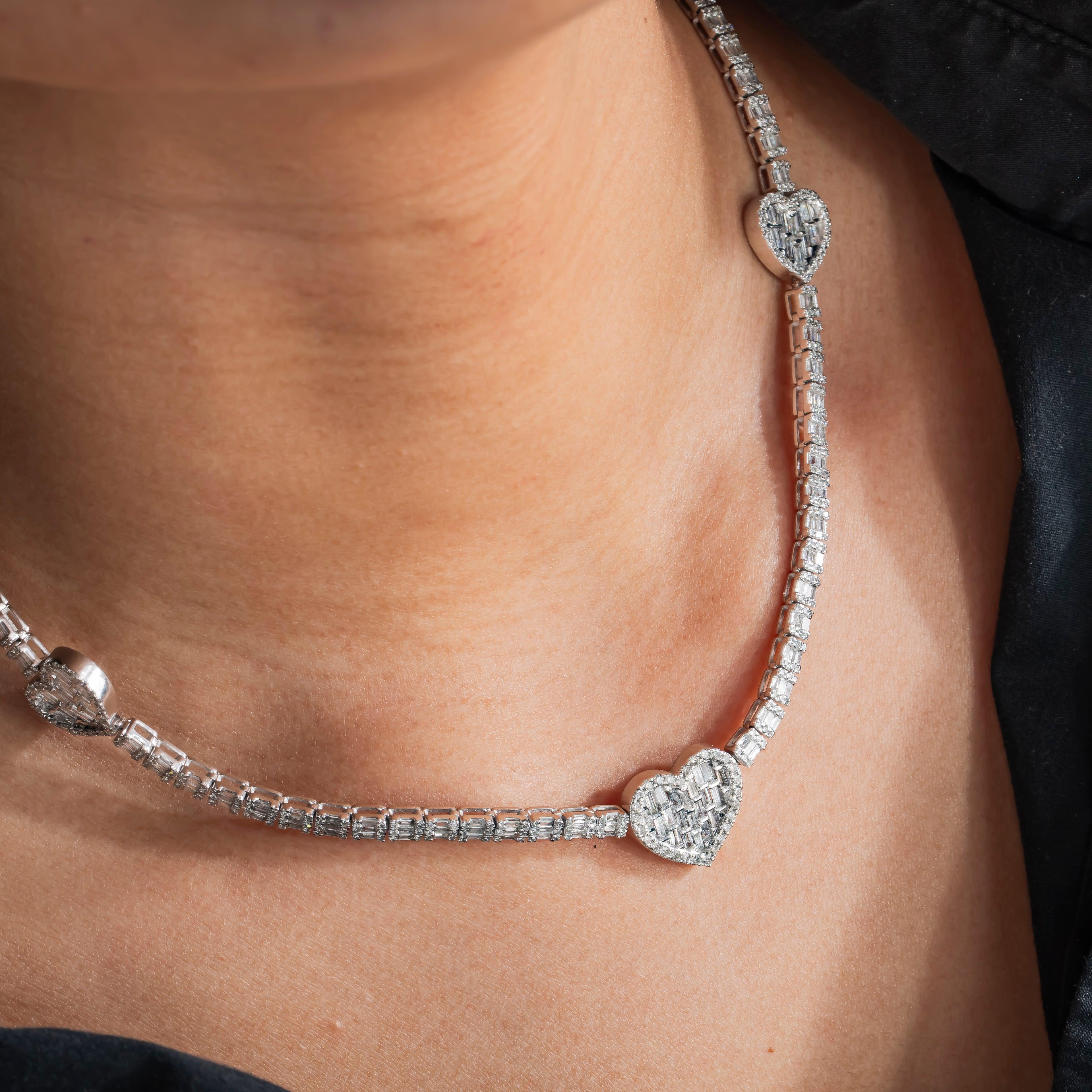 10K GOLD BAGUETTE AND ROUND DIAMOND HEART CHAIN 7.36 CT