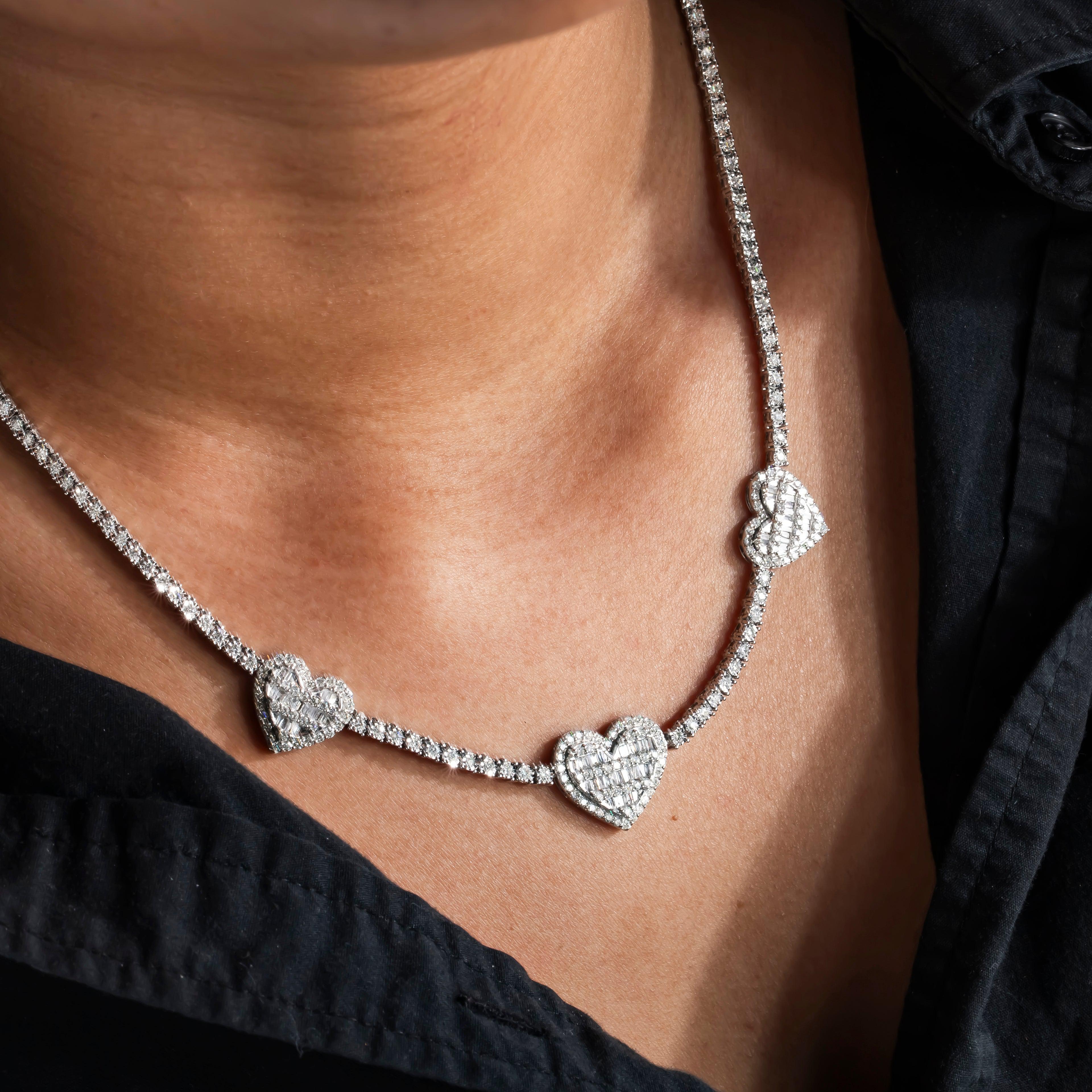 10K GOLD BAGUETTE AND ROUND DIAMOND HEART CHAIN 4.65 CT