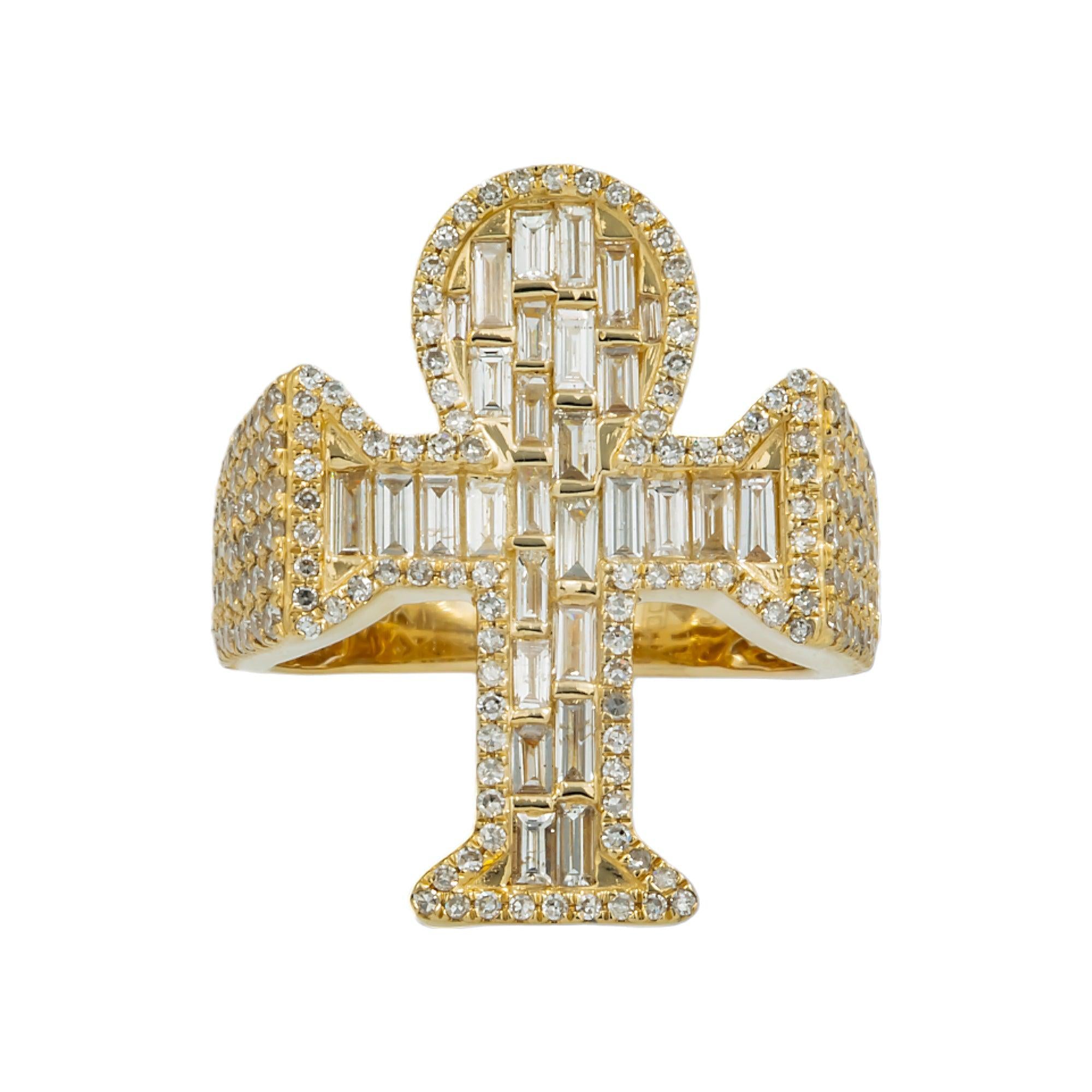 10K GOLD BAGUETTE AND ROUND DIAMOND ANKH RING 3.00 CT