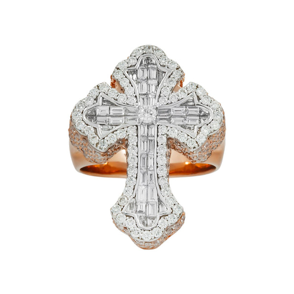 14K GOLD TWO TONE BAGUETTE AND ROUND DIAMOND CROSS RING 4.60 CT