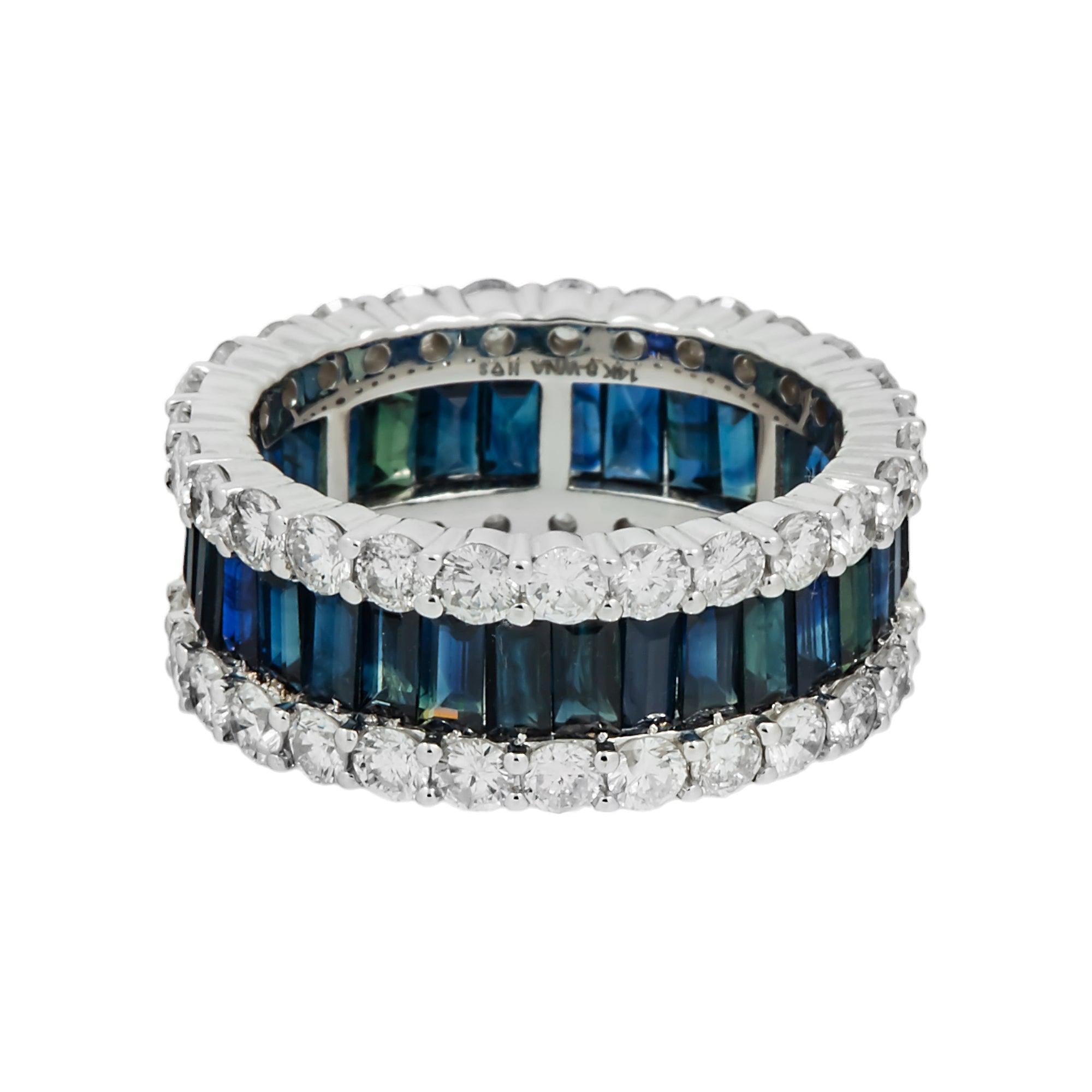 14K GOLD ROUND AND BAGUETTE DIAMOND AND SAPPHIRE GEMSTONE BAND RING 8.60 CTW