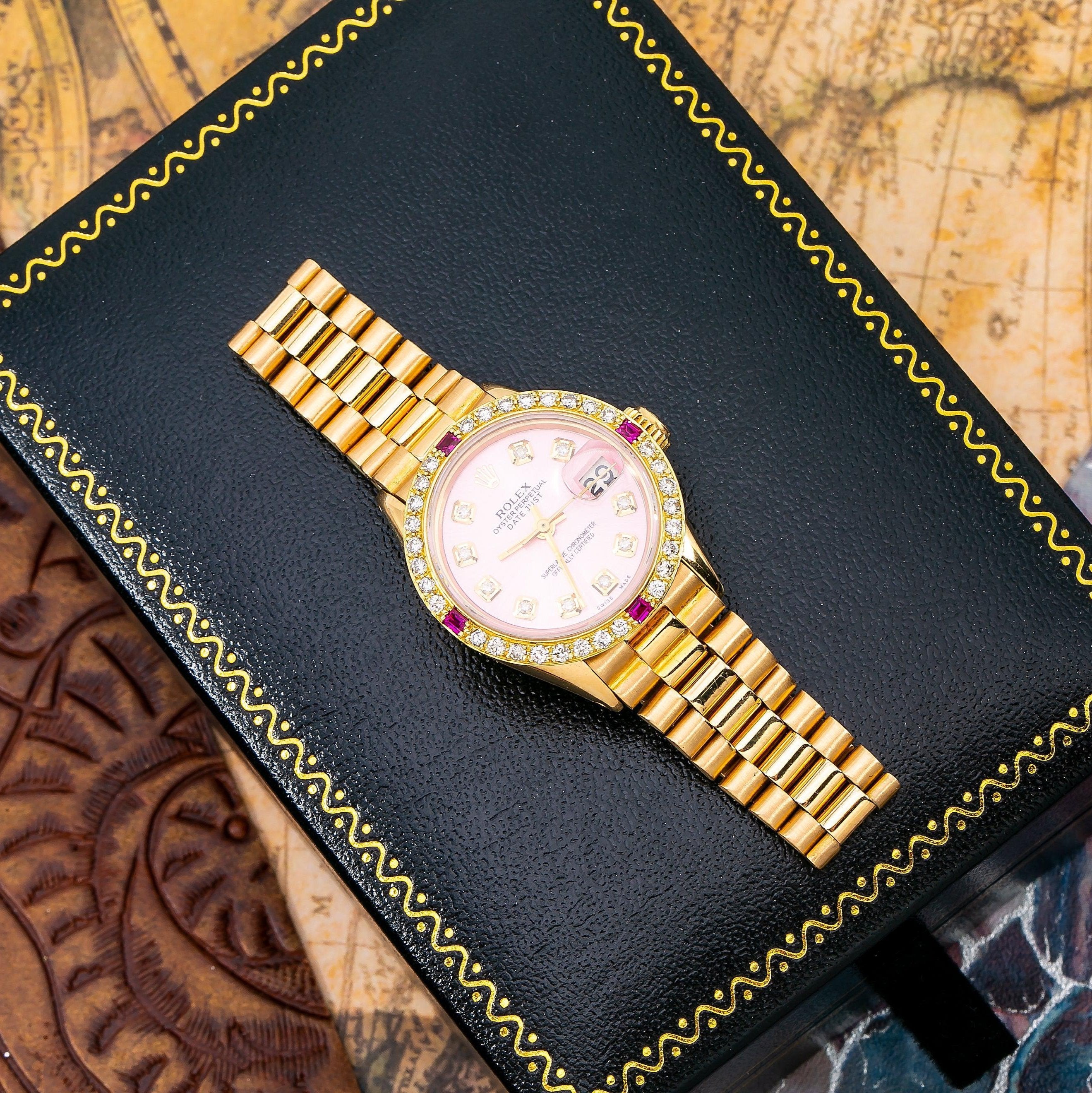 Rolex Datejust 26MM 69178 Pink Diamond Dial Diamond Bezel 18K Yellow Gold President Bracelet