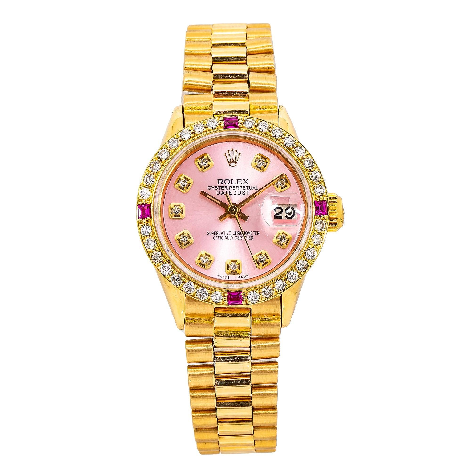 Rolex Datejust 26MM 69178 Pink Diamond Dial Diamond Bezel 18K Yellow Gold President Bracelet