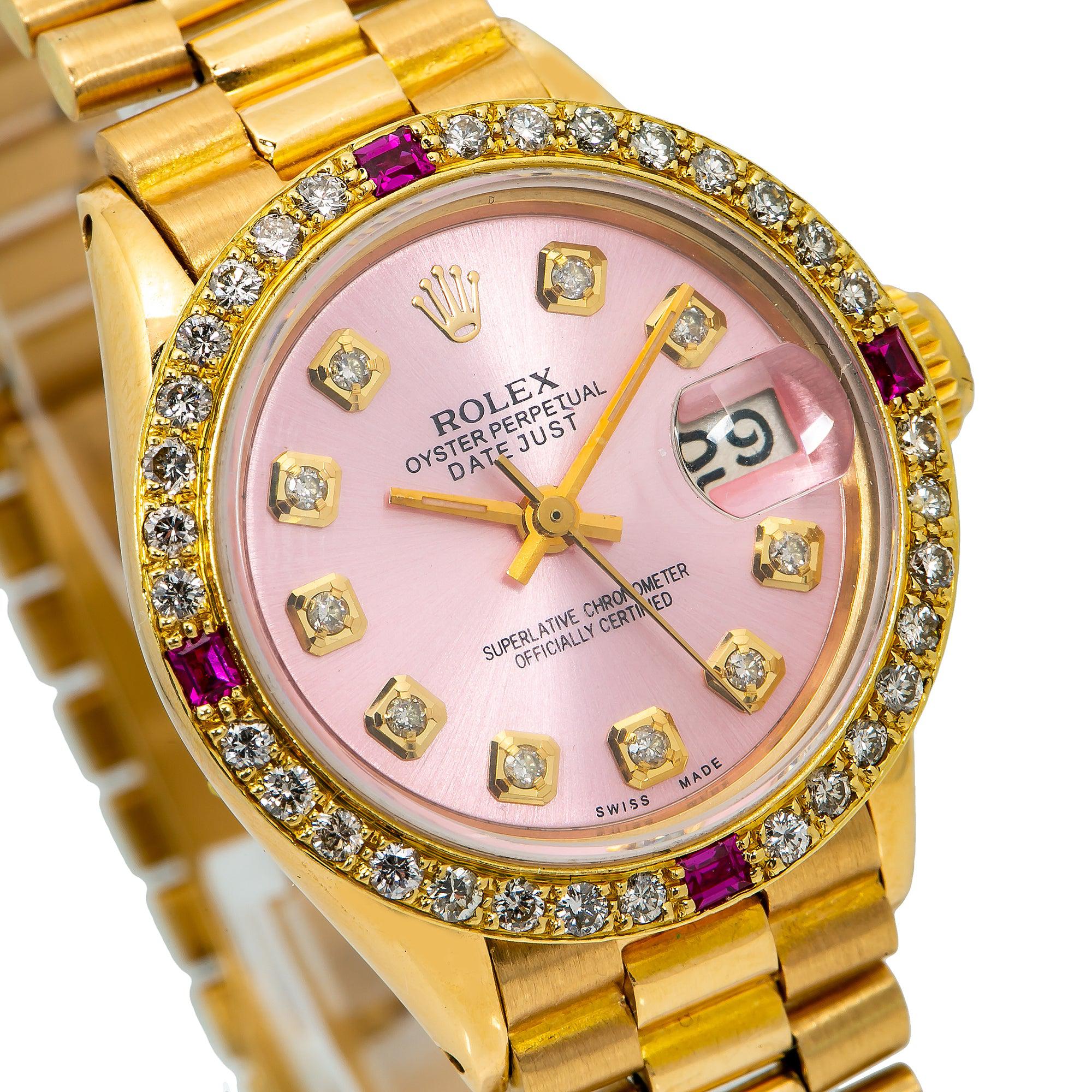 Rolex Datejust 26MM 69178 Pink Diamond Dial Diamond Bezel 18K Yellow Gold President Bracelet