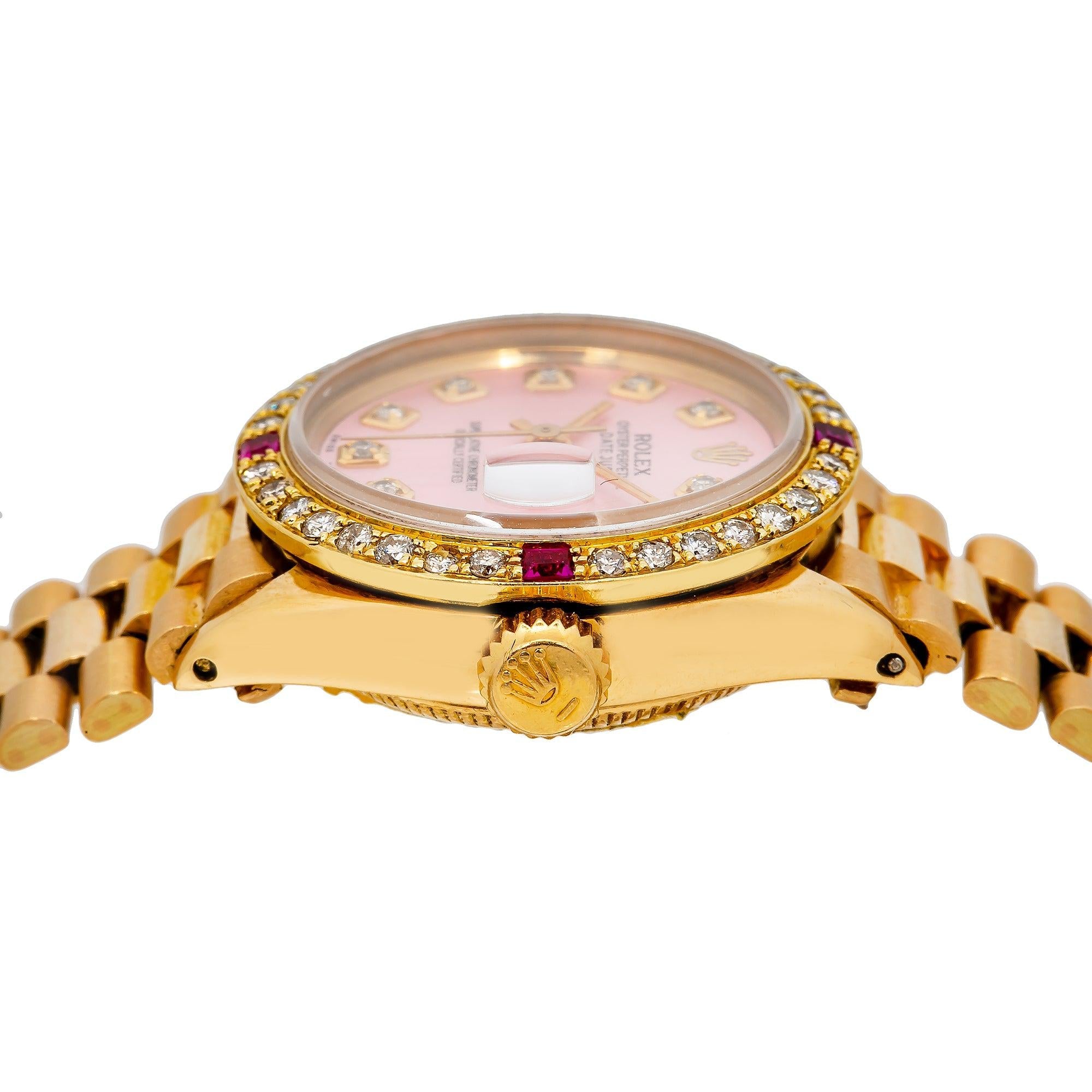 Rolex Datejust 26MM 69178 Pink Diamond Dial Diamond Bezel 18K Yellow Gold President Bracelet