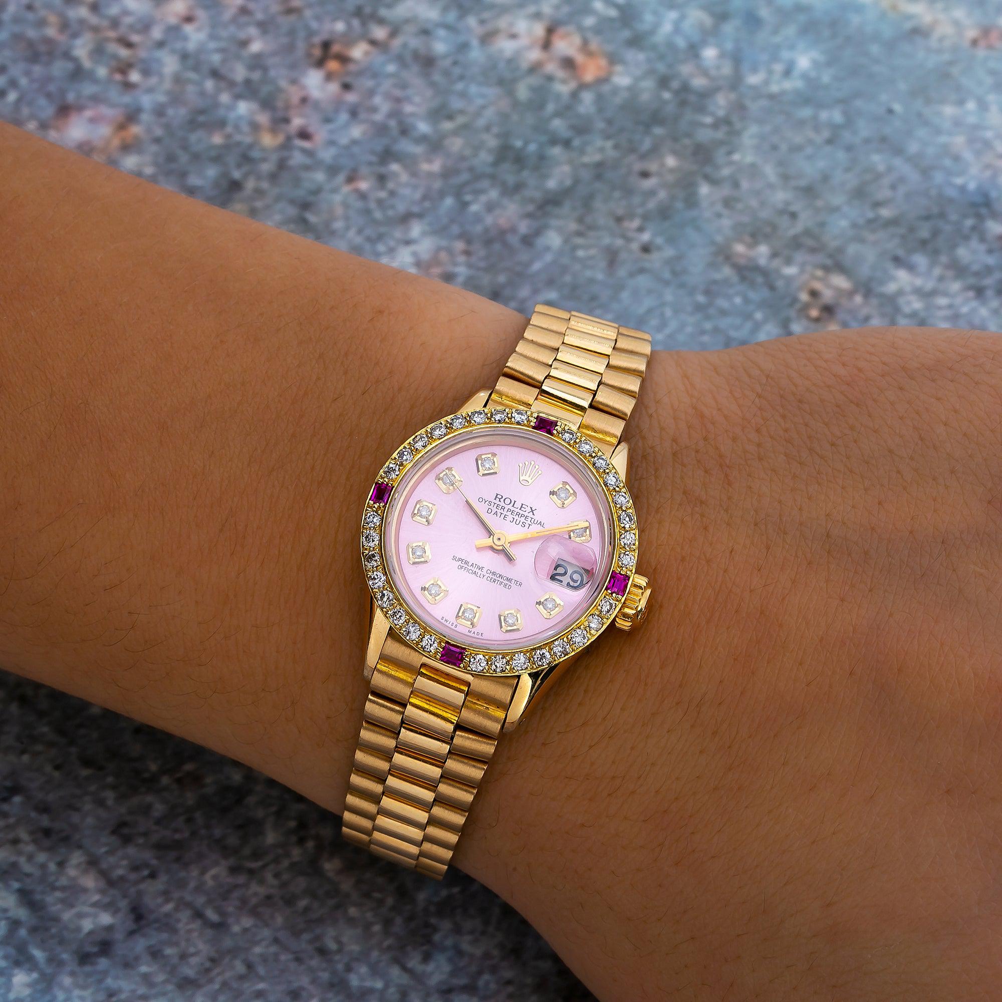 Rolex Datejust 26MM 69178 Pink Diamond Dial Diamond Bezel 18K Yellow Gold President Bracelet