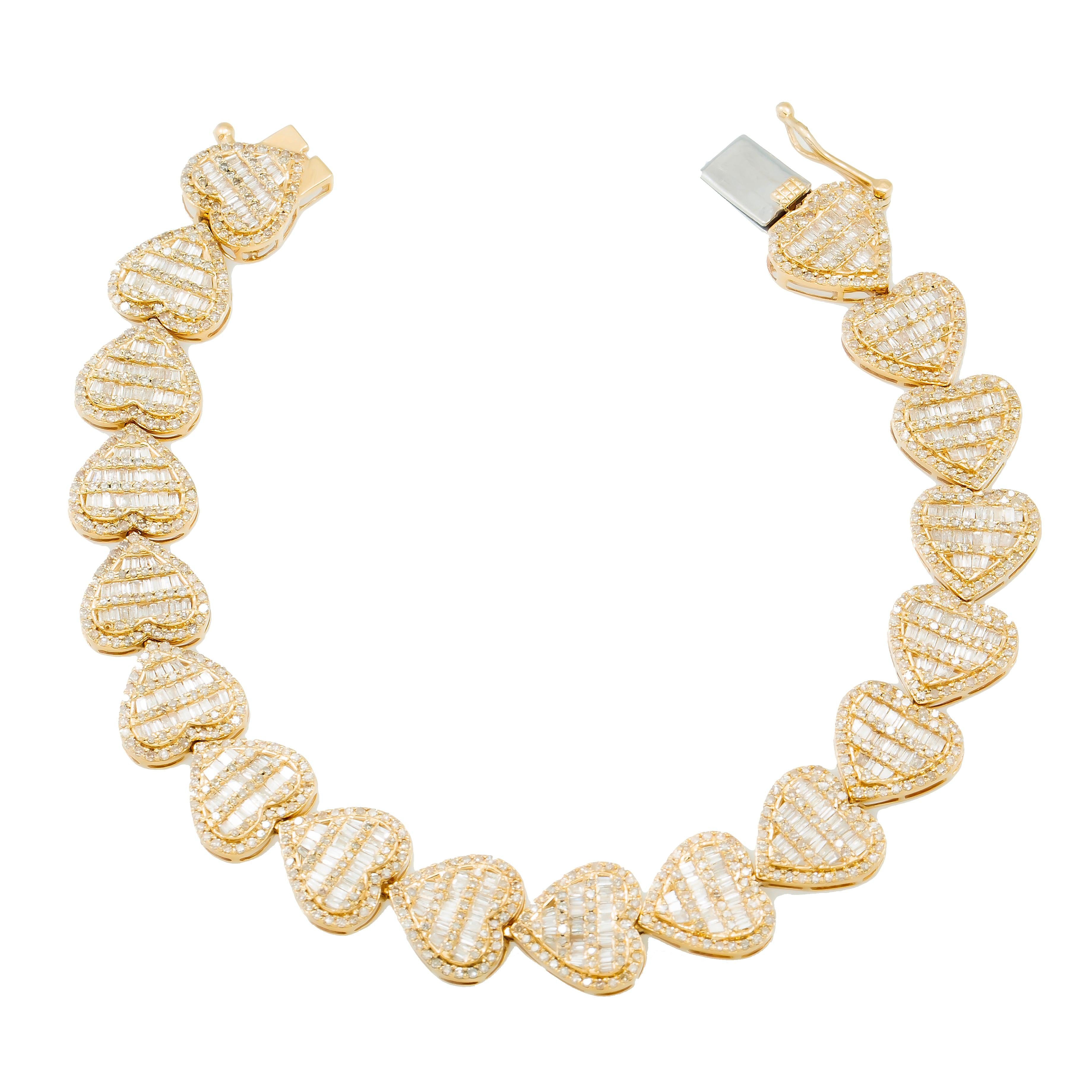 14K GOLD BAGUETTE DIAMONDS HEART BRACELET 7.65 CT