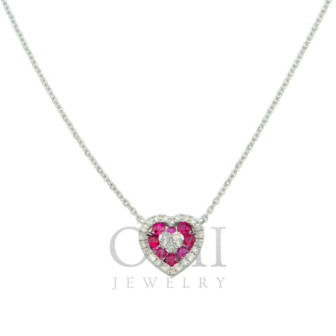 14K GOLD ROUND DIAMOND AND RUBY HEART NECKLACE 0.55 CTW