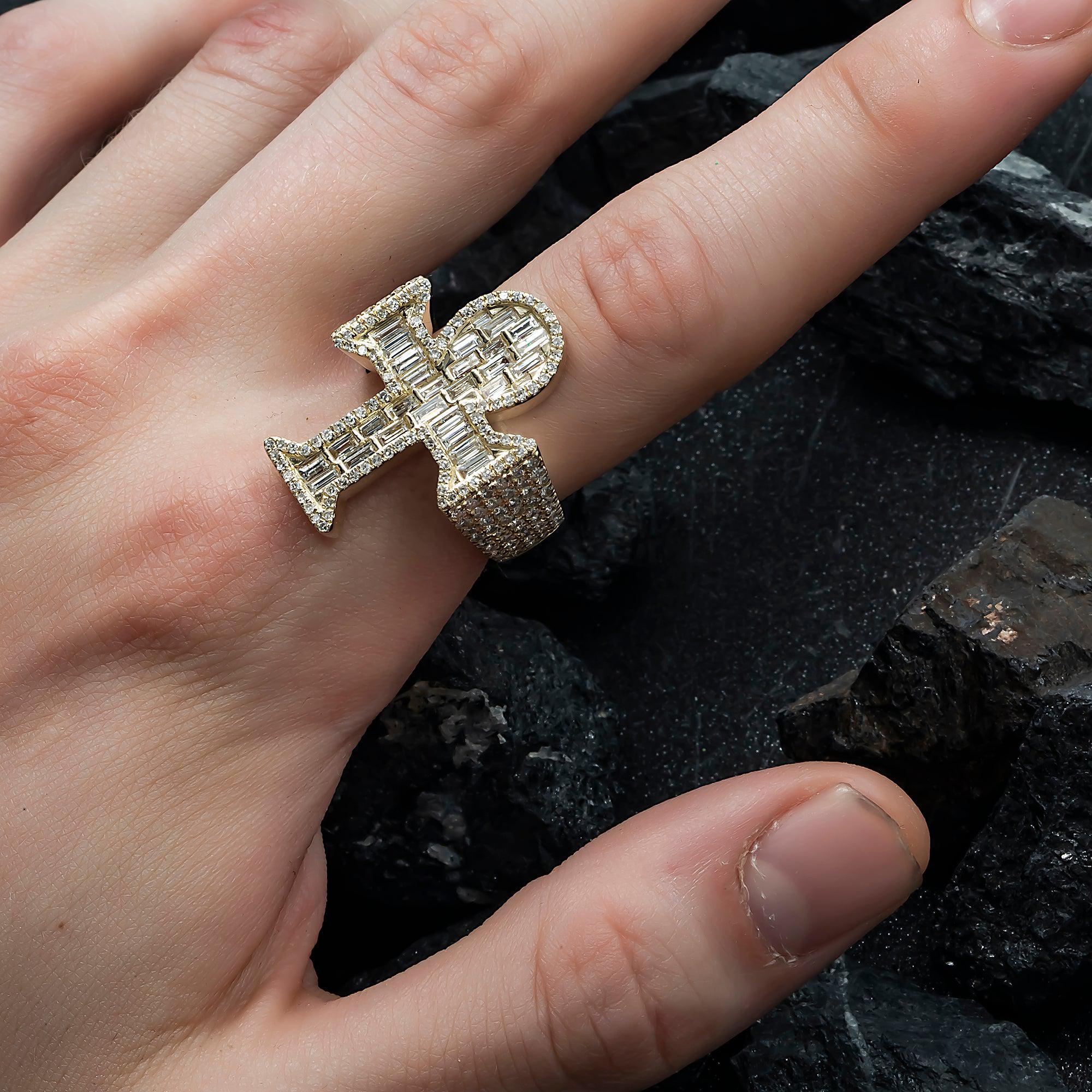 10K GOLD BAGUETTE AND ROUND DIAMOND ANKH RING 3.00 CT